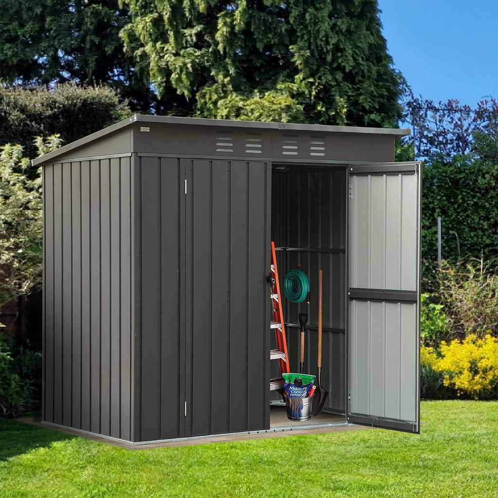 Domi 6 x 4 FT Outdoor Storage Shed, Metal Garden Shed for Bike, Trash Can, Tool, Lawn Mowers, Pool Toys, Lockable Outdoor Storage Cabinet Galvanized Steel for Backyard, Patio, Lawn Dark Gray