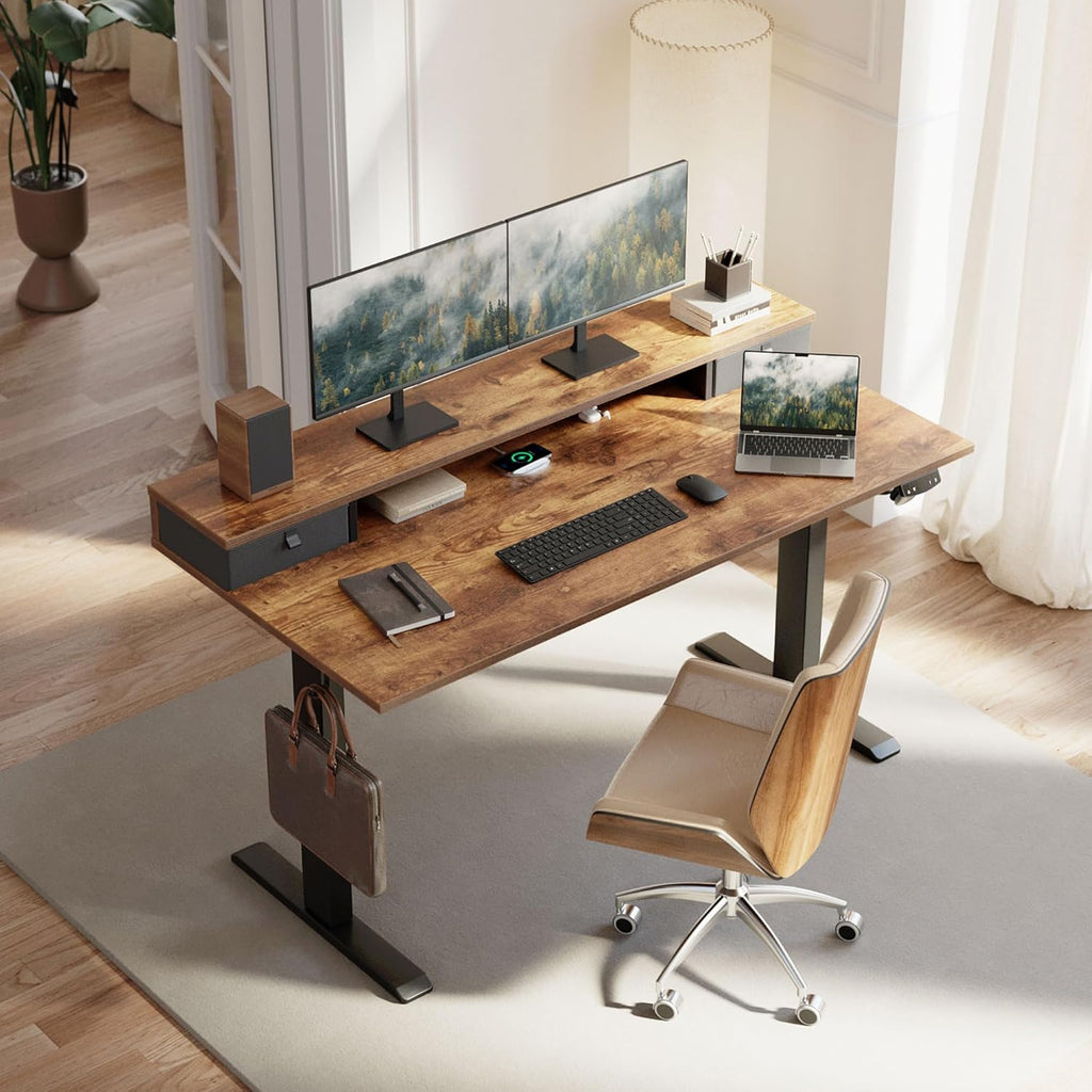 Klicelor 55 x24 Inch Electric Standing Desk with Drawers, Adjustable Height Small Sit Stand Desk for Home Office, Compact Computer Workstation with Storage– Rustic Brown