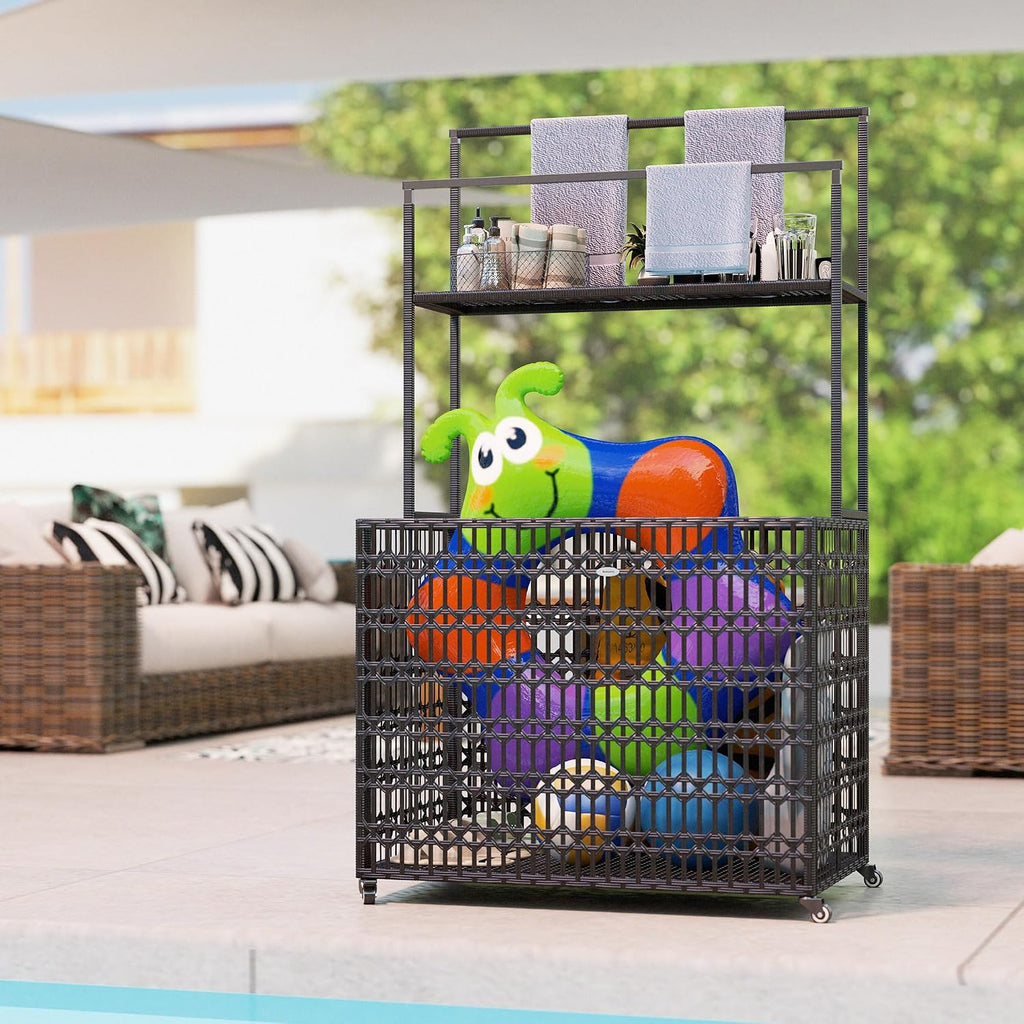 Outsunny Wicker Pool Float Storage Organizer, PE Rattan Pool Float Holder with Basket Shelf Towel Bars, Rolling Pool Caddy for Floaties, Noodles, Life Vests, Beach Balls, Brown