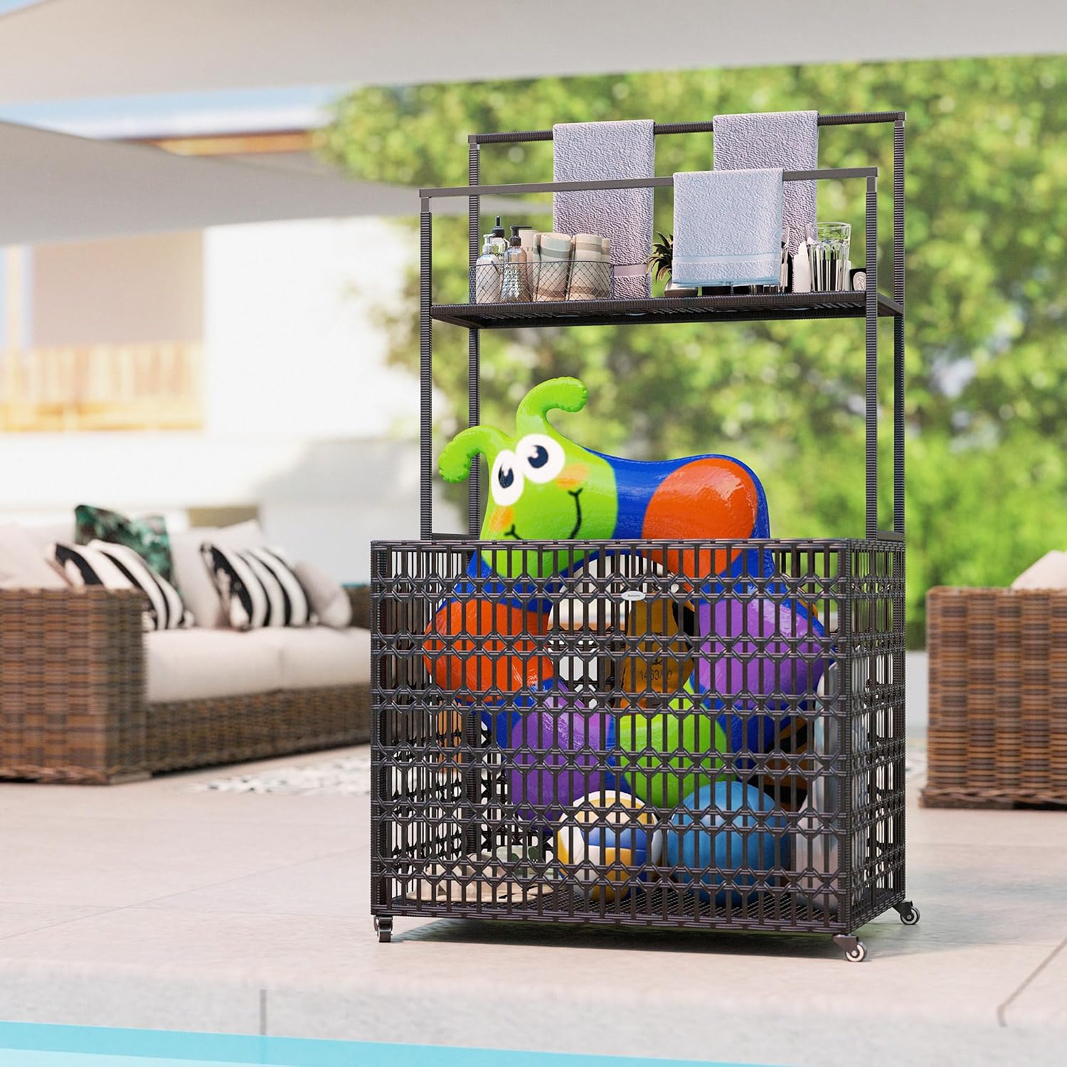 Outsunny Wicker Pool Float Storage Organizer, PE Rattan Pool Float Holder with Basket Shelf Towel Bars, Rolling Pool Caddy for Floaties, Noodles, Life Vests, Beach Balls, Brown