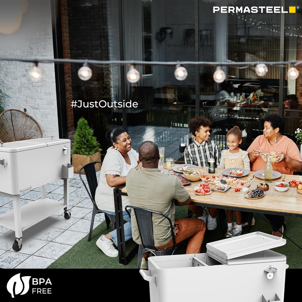 Permasteel Party Cooler with Divider, Removable Basin, Spacious 80-Qt Capacity, Chills 36hrs, Serving Tray, Rolling Ice Chest for Indoor & Outdoor