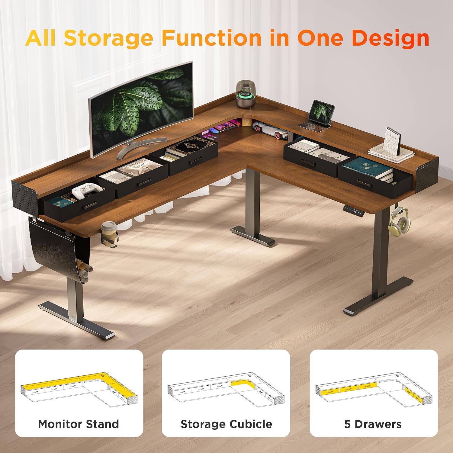 WALKINGDESK 75 Inches Height Adjustable L Shaped Standing Desk with 5 Drawers and Monitor Shelf, Electric Sit to Stand Home Office Comupter Table, Ergonomic Corner Gaming Desk, Black Walnut