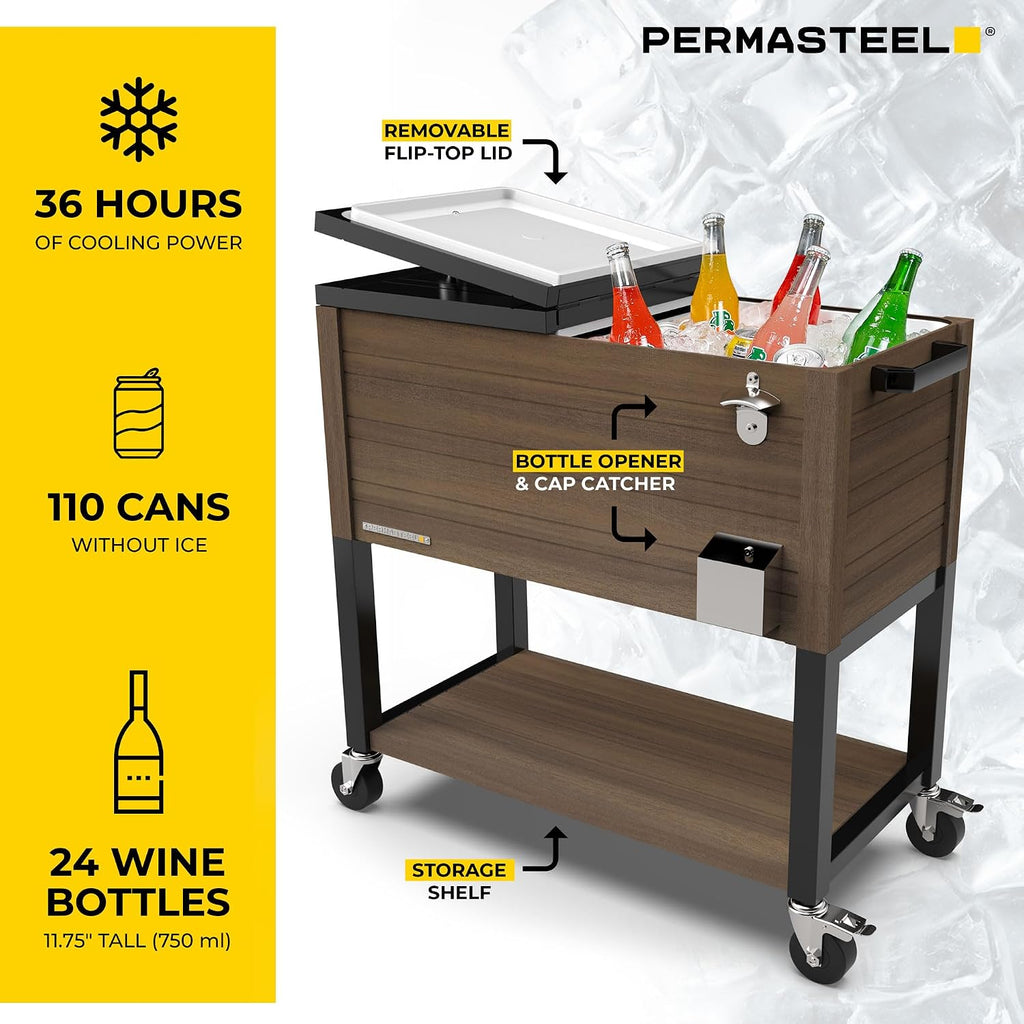 Permasteel 80 Quart Party Cooler, Rolling Ice Chest with Wheels and Handles for Indoor Outdoor Patio
