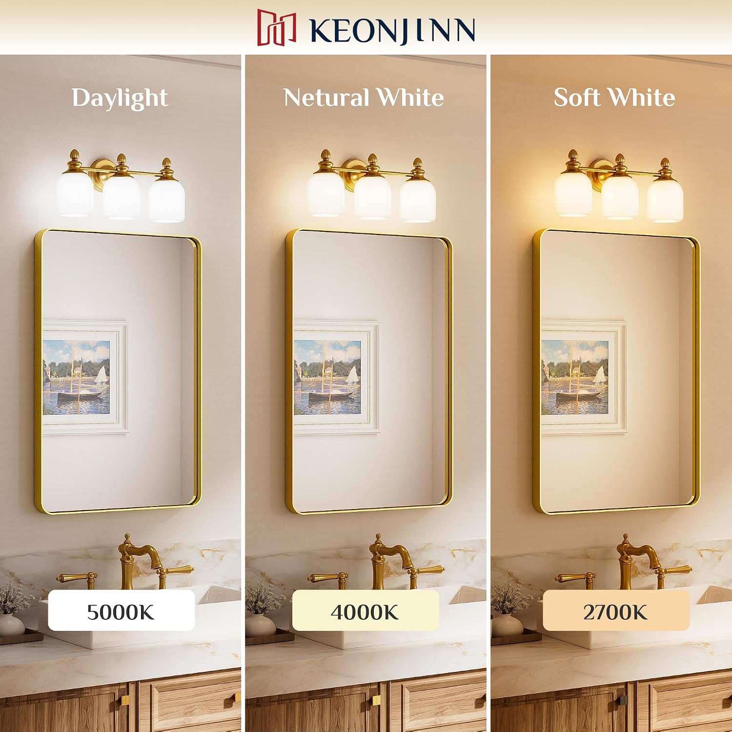 Keonjinn Gold Bathroom Light Fixtures, 4-Light Vintage Vanity Lights for Mirror with Frosted Glass Shades, UL Listed E26 Base(Bulbs Not Included), Reversible Vanity Lighting Fixtures for Bathroom