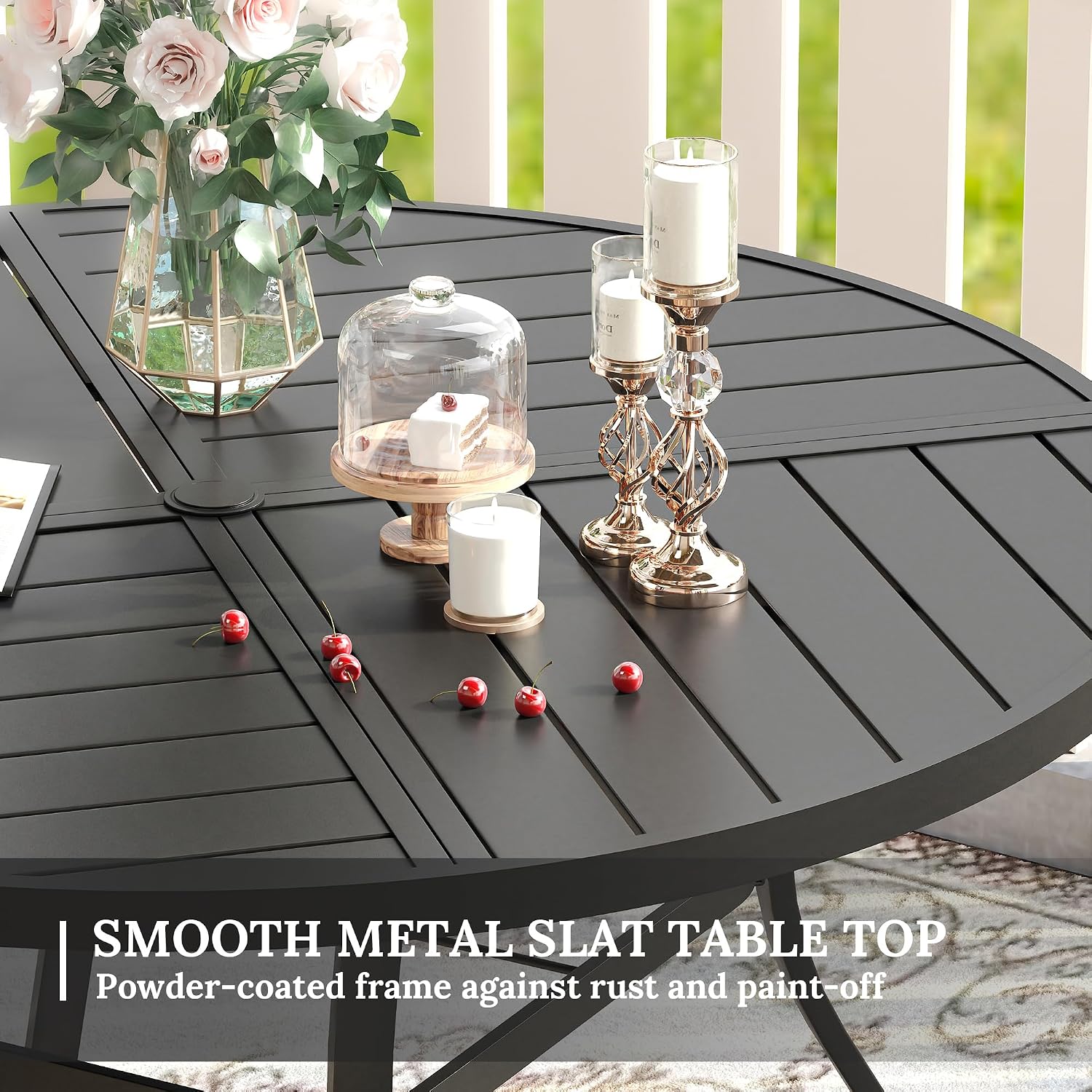VICLLAX Round Patio Table with Adjustable Umbrella Hole for 6, All Weather 47.2' Metal Outdoor Dining Table for Lawn Garden, Black