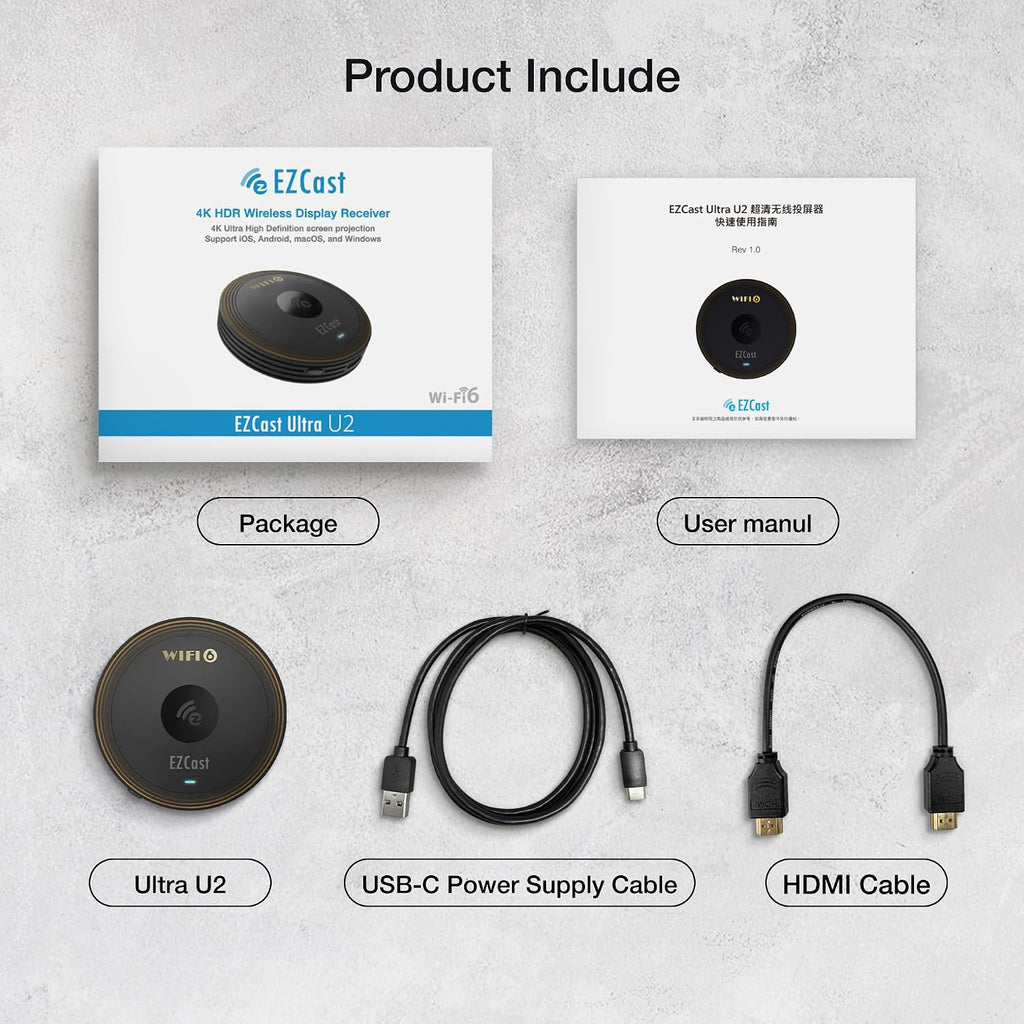 EZCast Ultra U2 4K Wireless Display Adapter – WiFi 6, HDR, DLNA AirPlay Miracast, Screen Mirror & Extend for PC, Laptop, iOS & Android