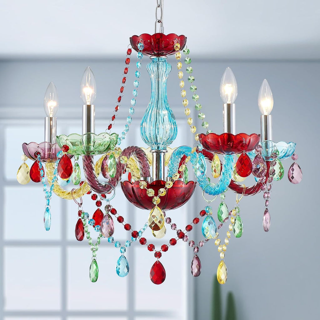 5-Lights Children Chandeliers, Modern Candy Design, Colorful Crystal Chandeliers for Bedroom, Dining Room, D22.8'' × H33.5'', Adjustable Height (33.5'~70.9'), Youth Color & Chrome Finish Frame