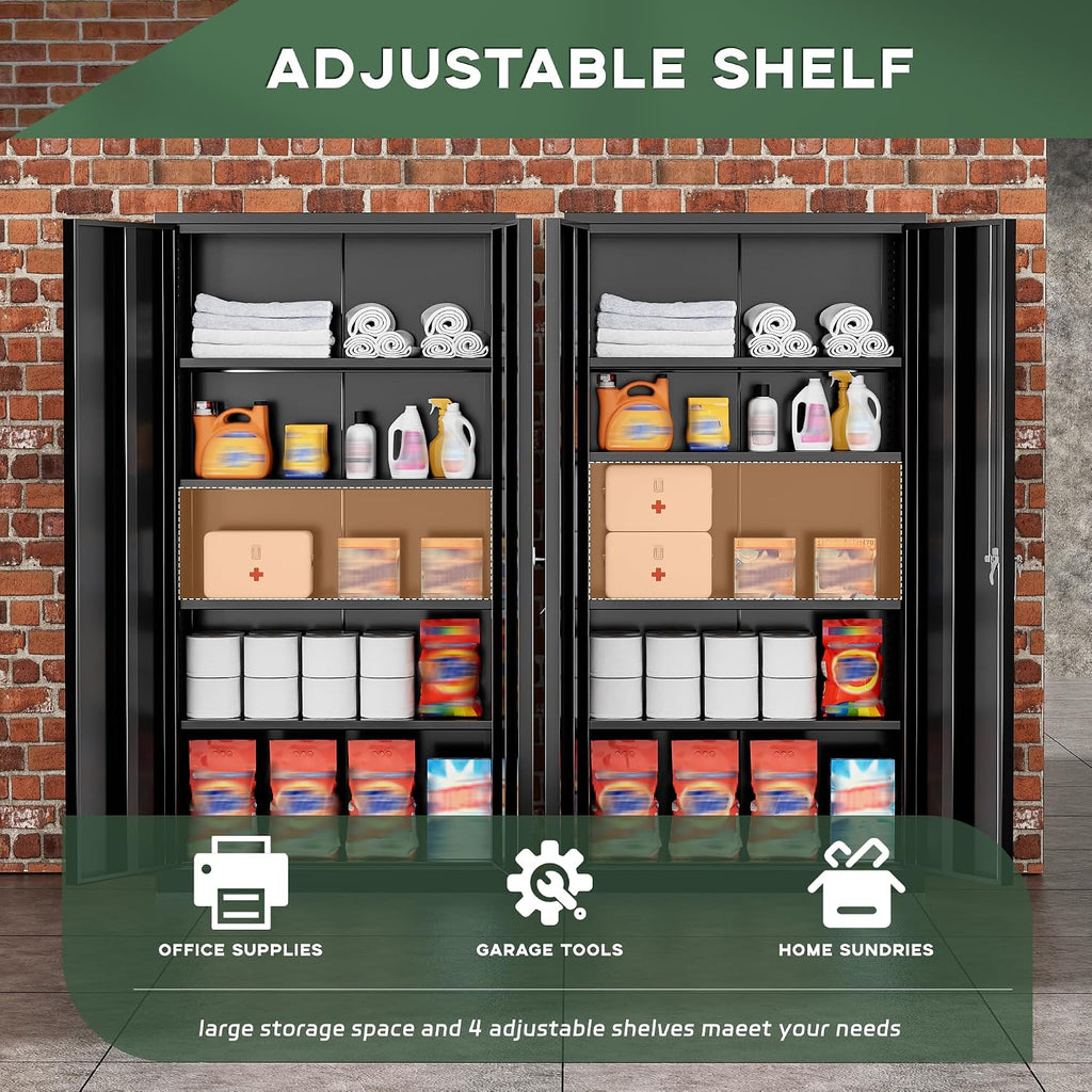 Greenvelly 72' H Metal Storage Cabinet, 36' W x 18' D Black Locking Metal Cabinet Garage Storage Cabinet with Doors and 4 Adjustable Shelves, Lockable Steel Cabinets for Home Office, Garage, School