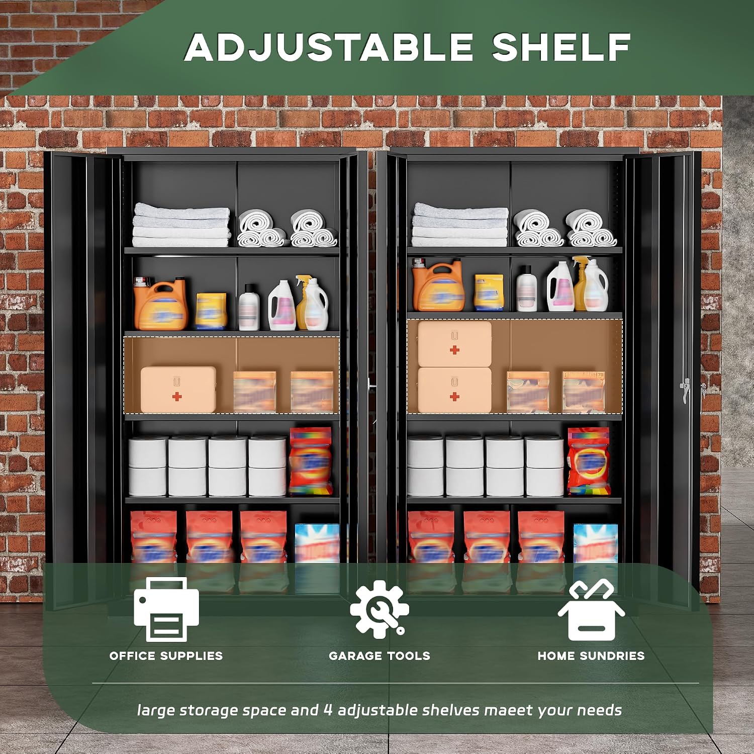 Greenvelly 72' H Metal Storage Cabinet, 36' W x 18' D Black Locking Metal Cabinet Garage Storage Cabinet with Doors and 4 Adjustable Shelves, Lockable Steel Cabinets for Home Office, Garage, School
