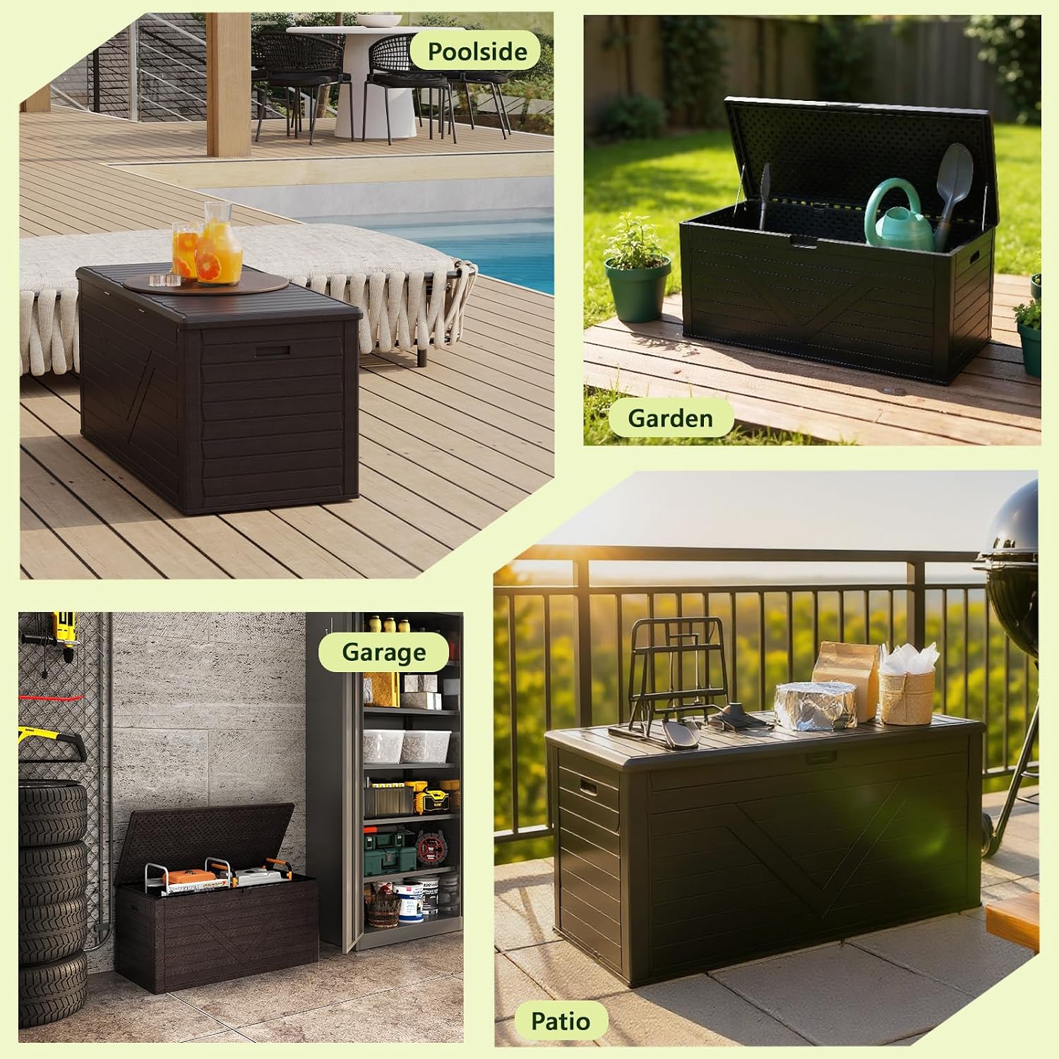 260 Gallon Outdoor Storage Box, Waterproof Resin Double-Wall Deck Box Organizer with Removable Dividers for Patio Cushion Storage, Lockable Outside Container for Garden Tools