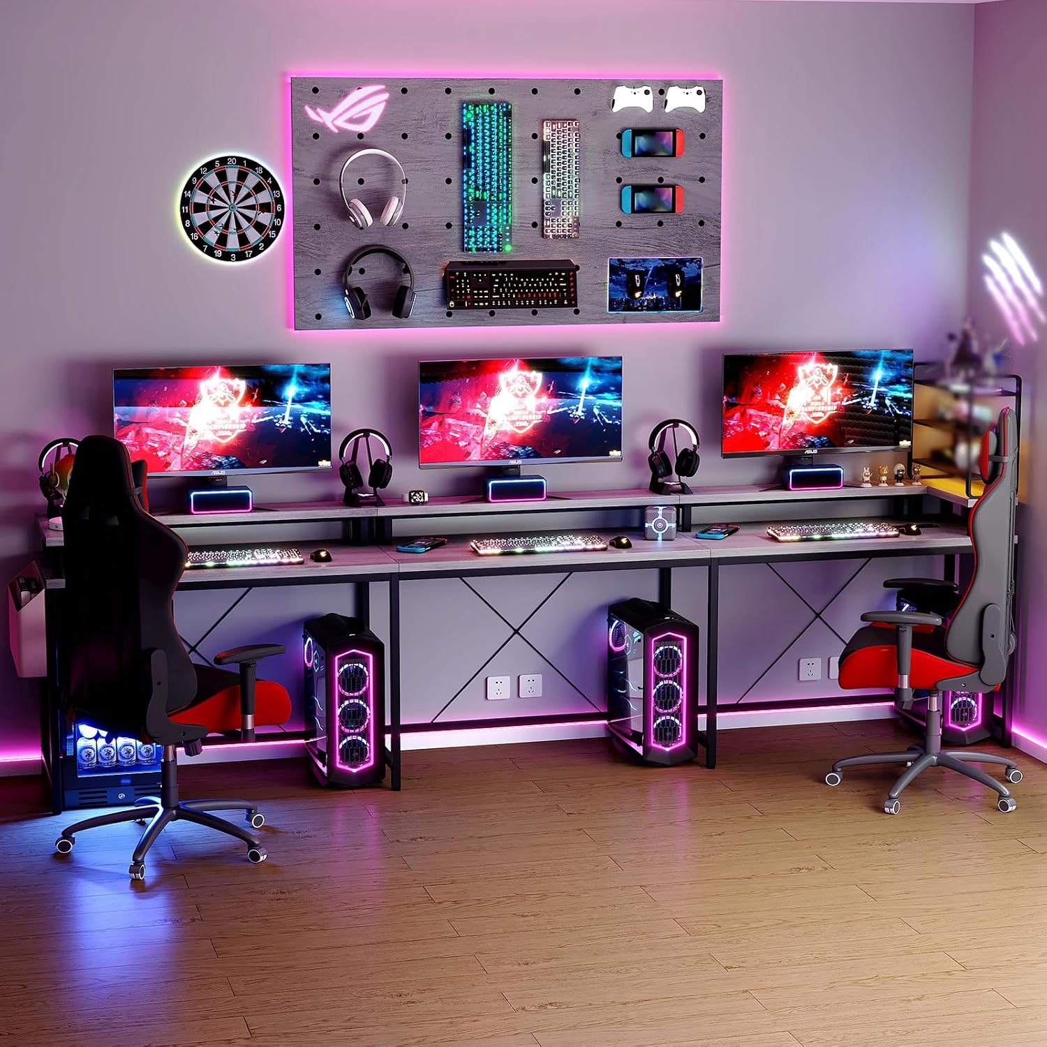79 Inch u Shaped Desk with Power Outlets, LED Strip & Monitor Stand, Large Corner Computer Desk with Monitor Stand & with Storage Shelves for Home Office