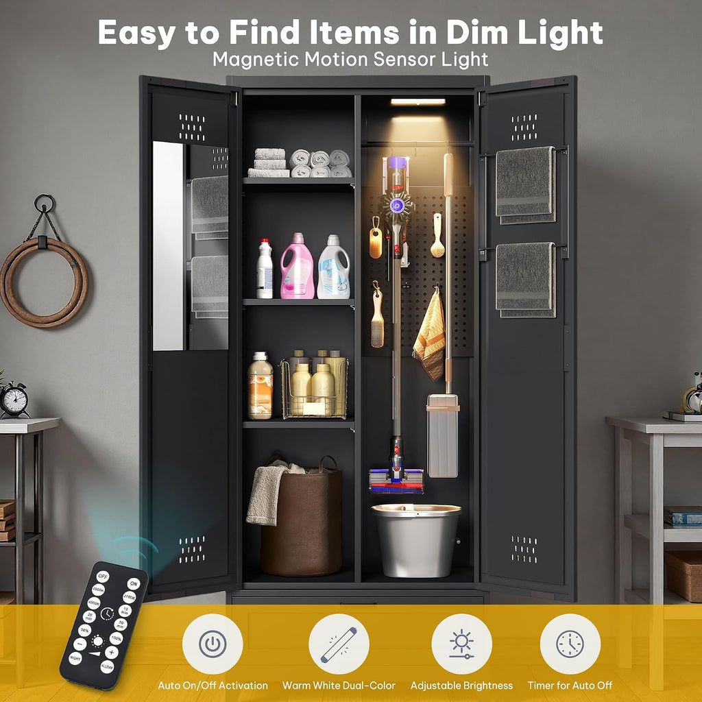 DWVO Metal Garage Storage Cabinet with Pegboard, 71' Tall Broom Cabinet with Lights, Adjustable Shelves, Heavy Duty Tool Storage Cabinet for Garage, Cleaning Room, Gym