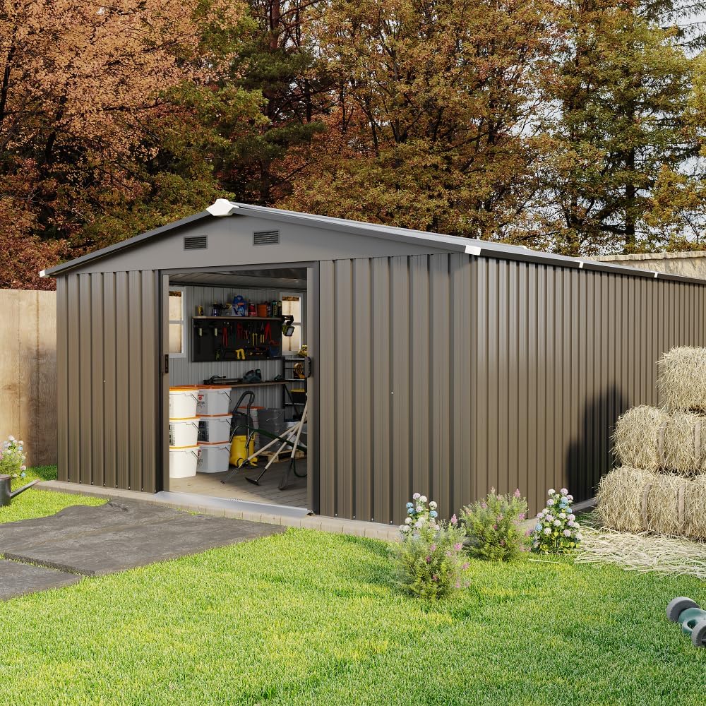 10x12 FT Outdoor Storage Shed with Floor Included and Two Daylight Windows, Large Metal Garden Shed for Backyard Organization (Brown)