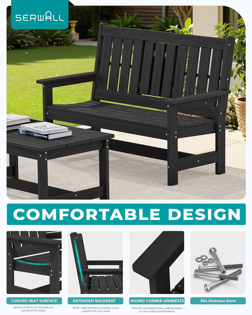 SERWALL Outdoor Bench with Cup Holder, 58' HDPE Garden Park Bench Suitable for 3 Person, All Weather Patio Benches with High Backrest and Wide Armrests for Garden, Park, Yard, Front Porch, Black