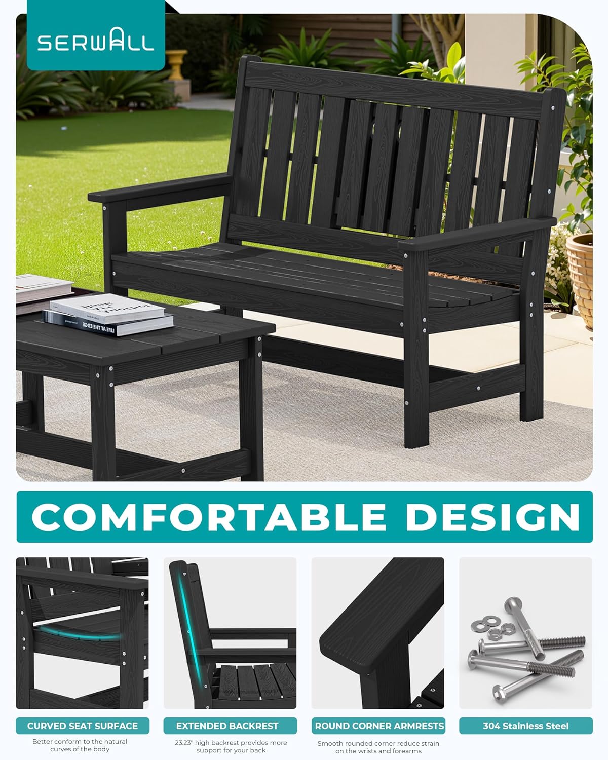 SERWALL Outdoor Bench with Cup Holder, 58' HDPE Garden Park Bench Suitable for 3 Person, All Weather Patio Benches with High Backrest and Wide Armrests for Garden, Park, Yard, Front Porch, Black