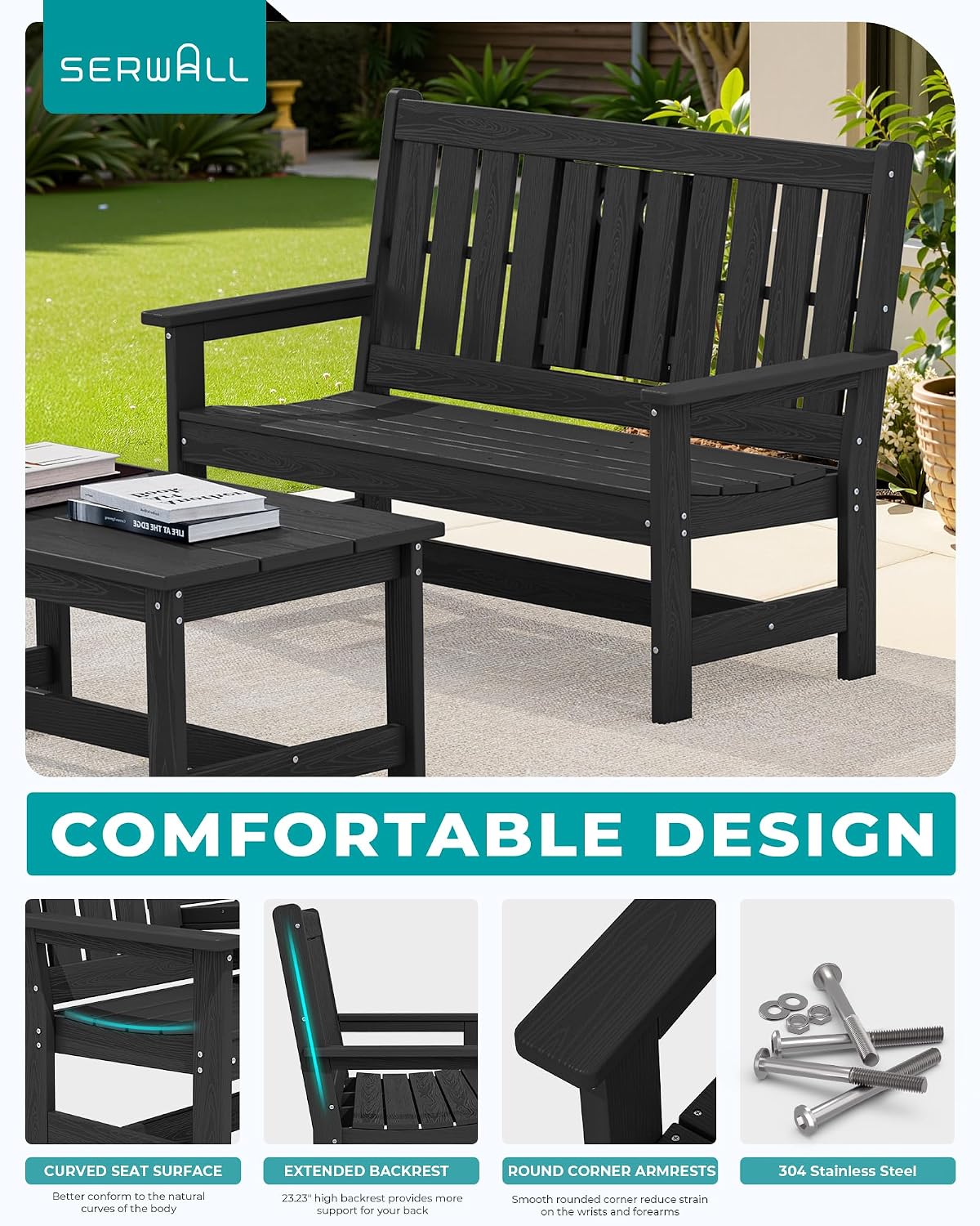 SERWALL Outdoor Bench with Cup Holder, 58' HDPE Garden Park Bench Suitable for 3 Person, All Weather Patio Benches with High Backrest and Wide Armrests for Garden, Park, Yard, Front Porch, Black