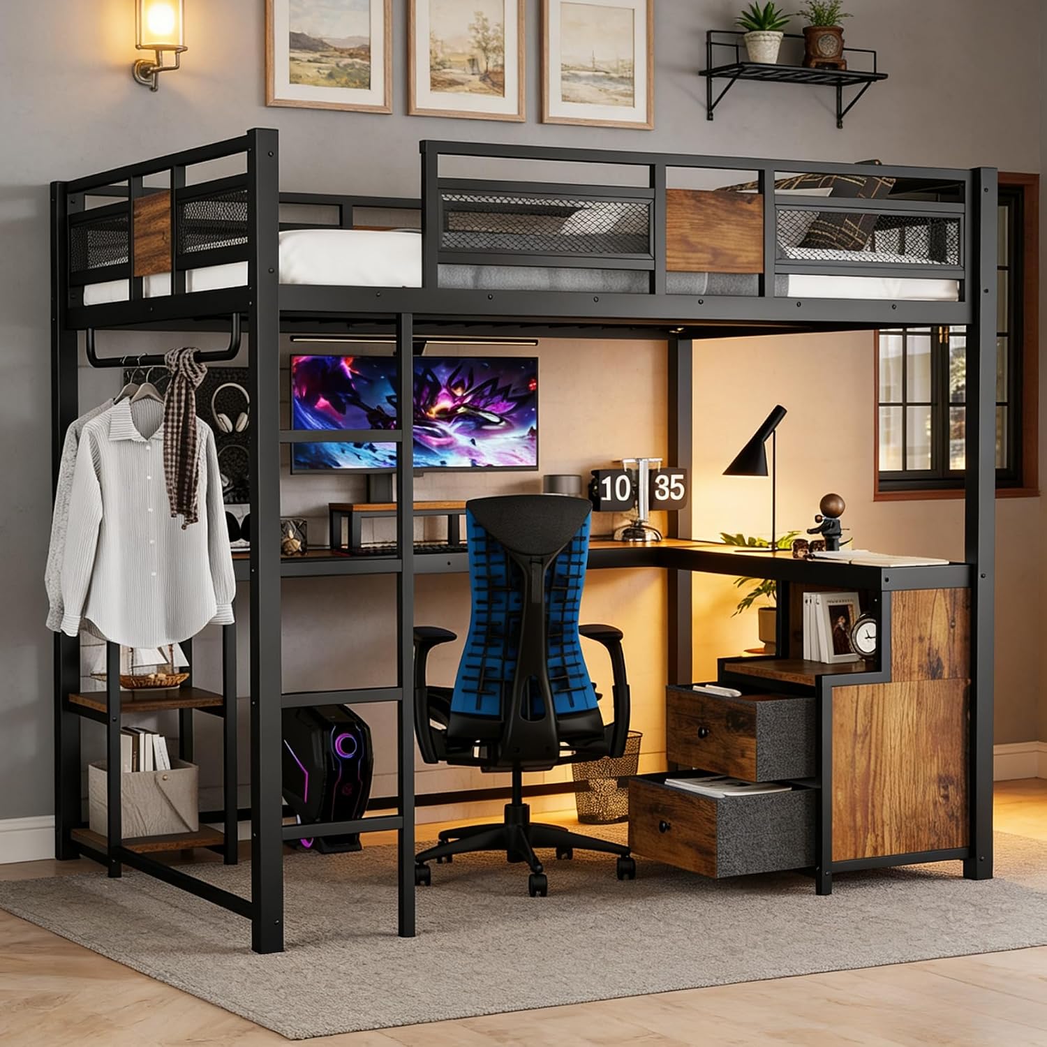 Bellemave Queen Loft Bed with Storage Drawers and L-Shaped Desk, Metal Loft Bed Frame with Computer Monitor Stand, Hang Rod, and Multi-Function Shelves, Loftbed with Noise-Free Design, Black
