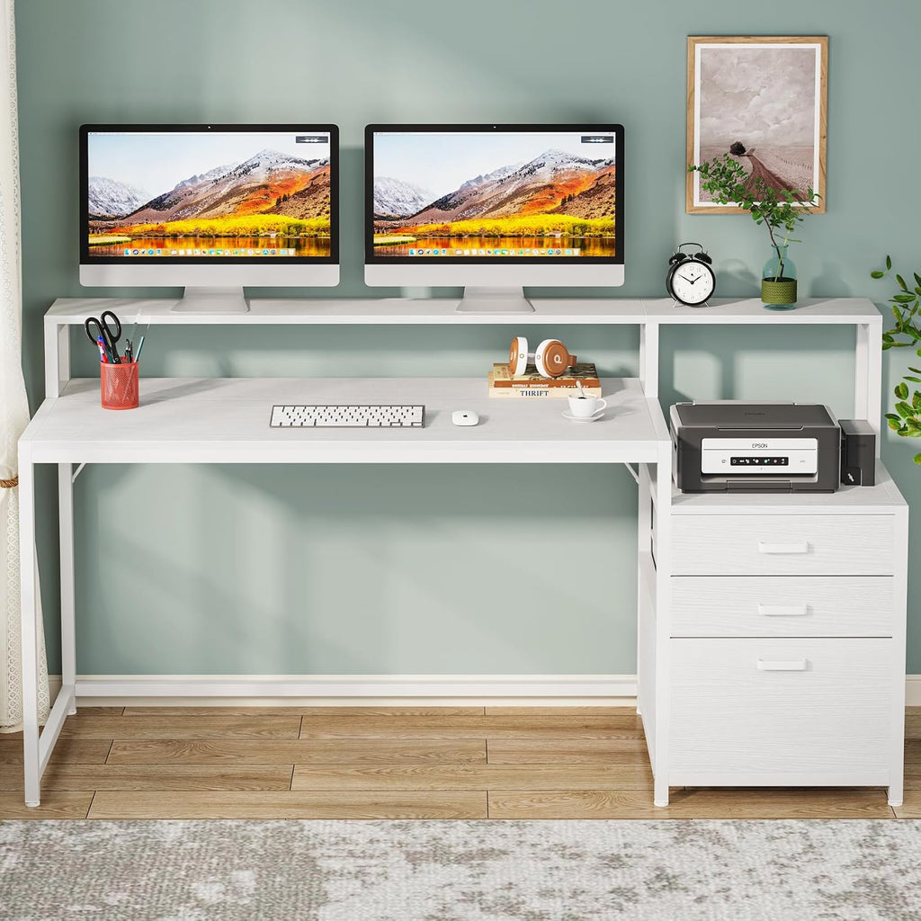 LITTLE TREE 63 Inch Computer Desk with File Drawer Cabinet, Home Office Desks with Ergonomic Monitor Stand