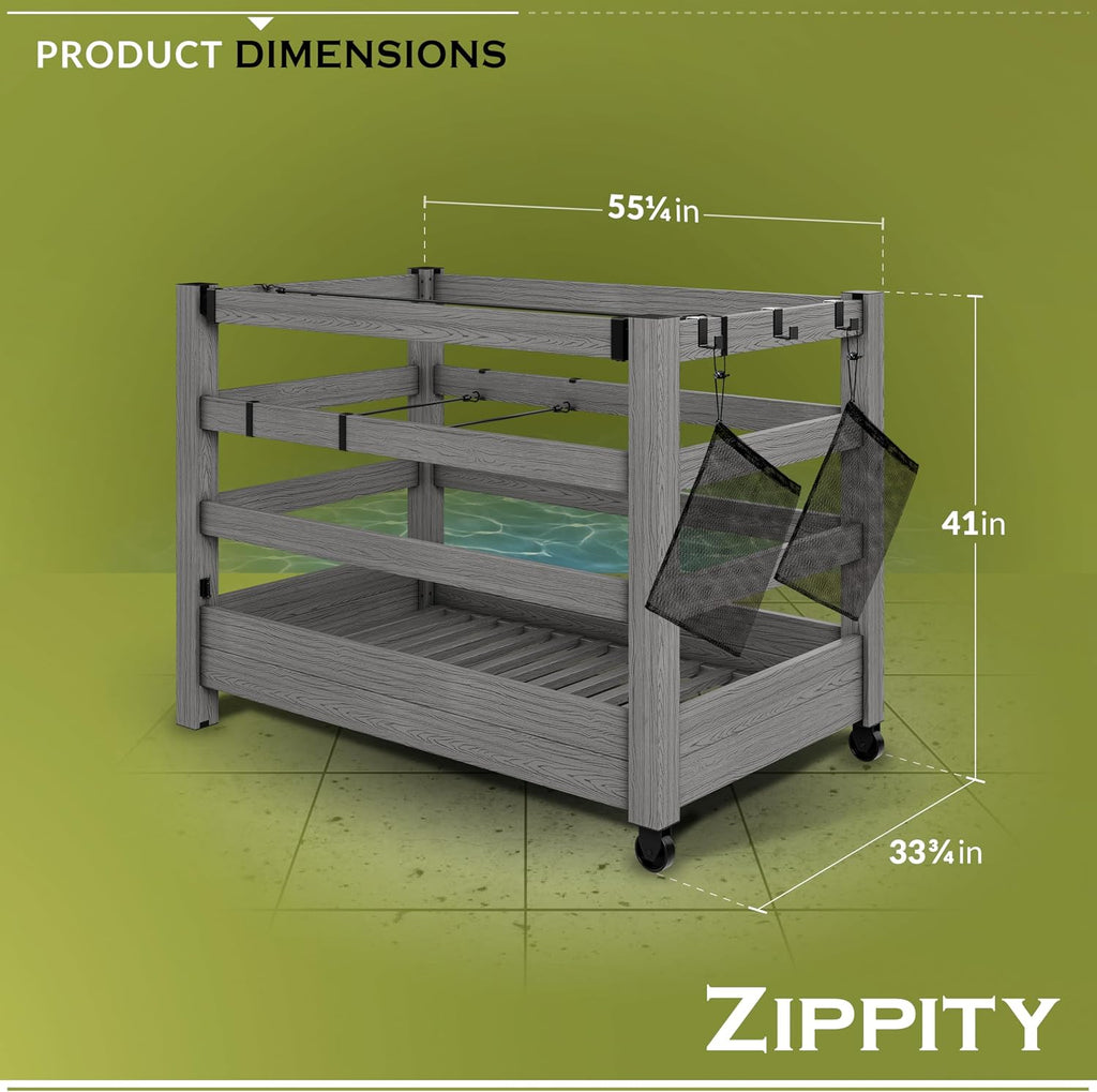 3.4ft H x 4.6ft W x 2.8ft L WoodTek Poolside Organizer and Pool Float Storage Rack, Wheeled Storage for Toys, Floats, and Accessories - Durable Pool Deck Caddy & Organizer w/ Dividers, Zippity AZ19078
