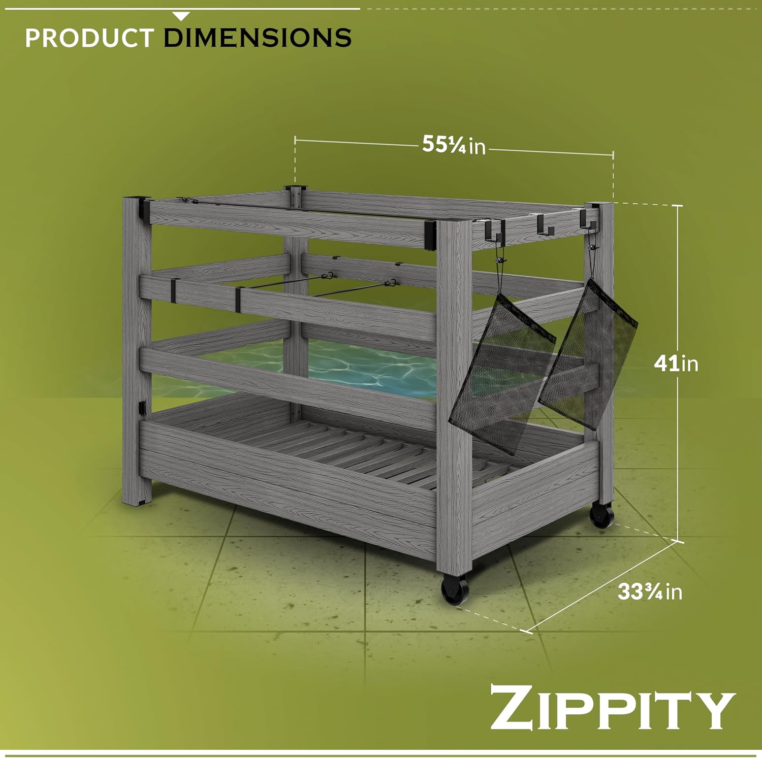 3.4ft H x 4.6ft W x 2.8ft L WoodTek Poolside Organizer and Pool Float Storage Rack, Wheeled Storage for Toys, Floats, and Accessories - Durable Pool Deck Caddy & Organizer w/ Dividers, Zippity AZ19078