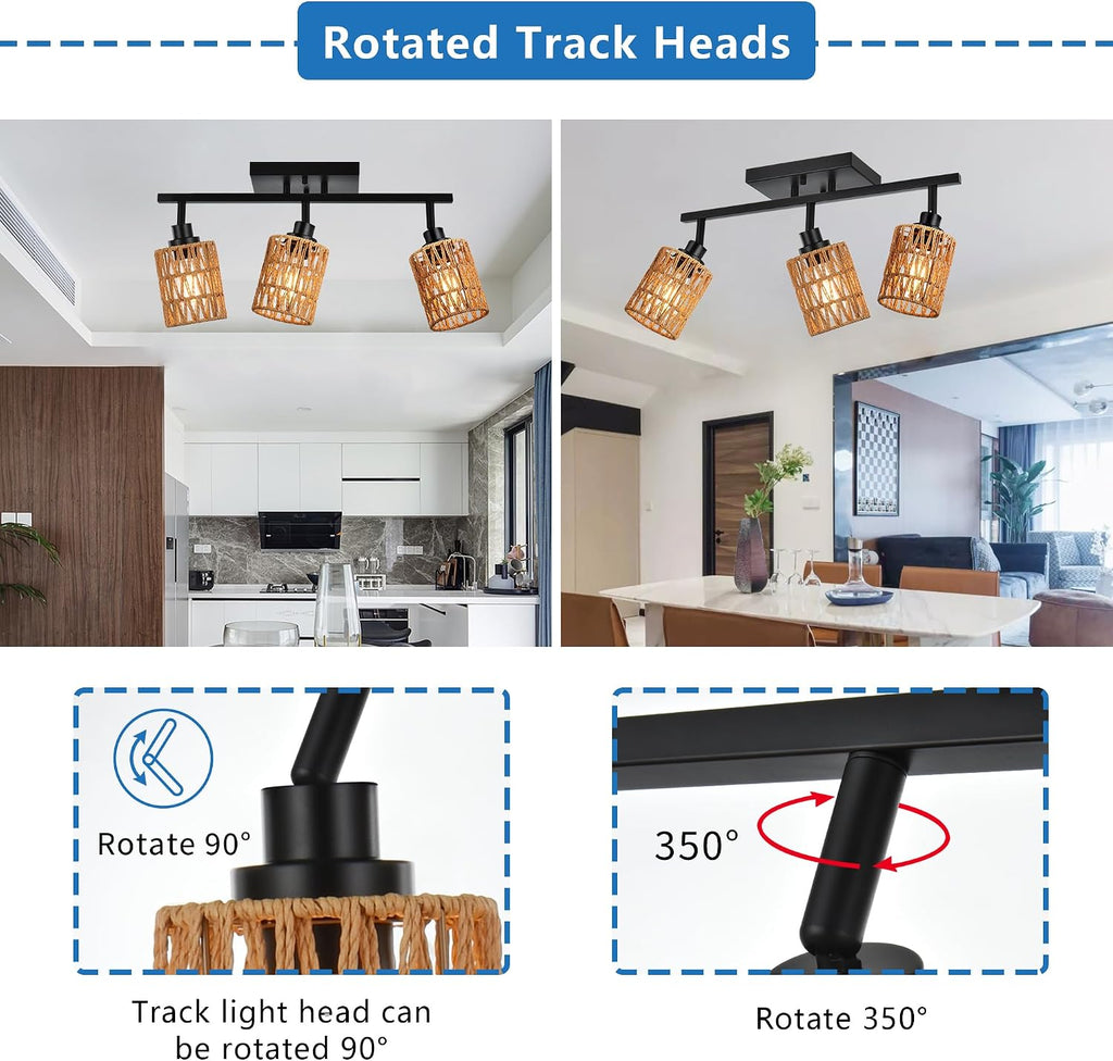 MELUCEE 3 Light Track Lighting Fixtures Ceiling, Black Farmhouse Vanity Lighting Fixtures with Rotatable Light Head for Hallway Porch Foyer Bath Storage, Rattan Lamp Shade