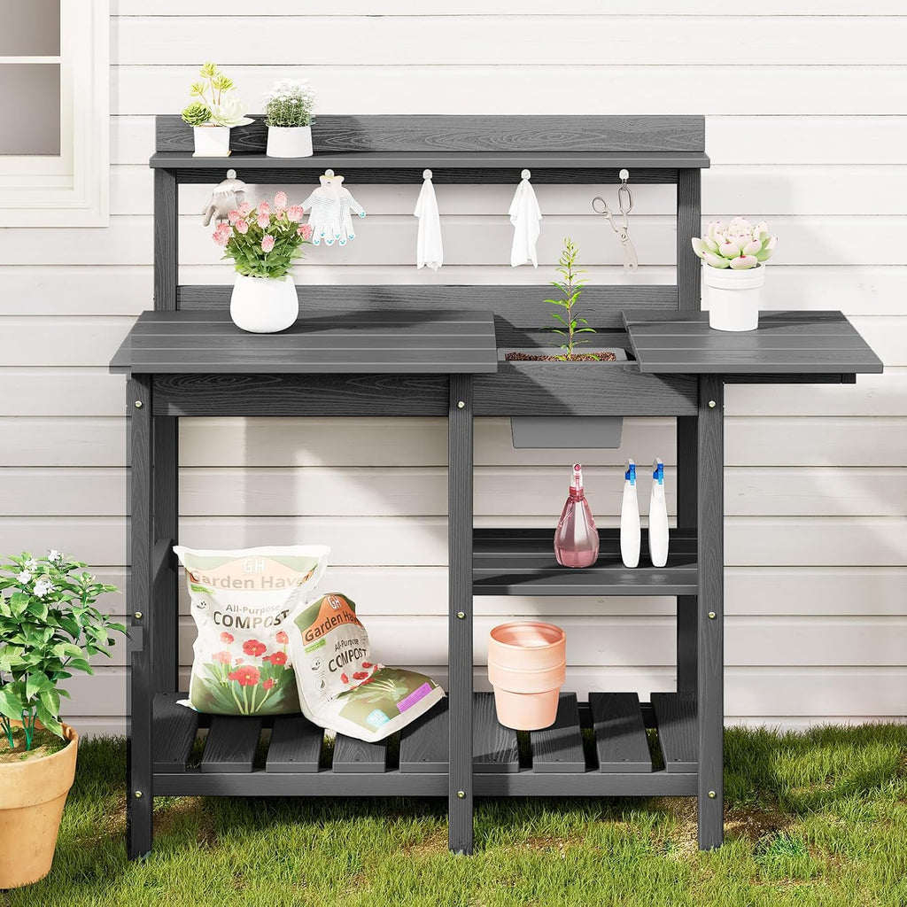 SERWALL Outdoor Potting Bench 2-Piece Set, Rot-Resistant HDPE Potting Table with Removable Sink for Outside Gardening, All-Weather Use - Gray
