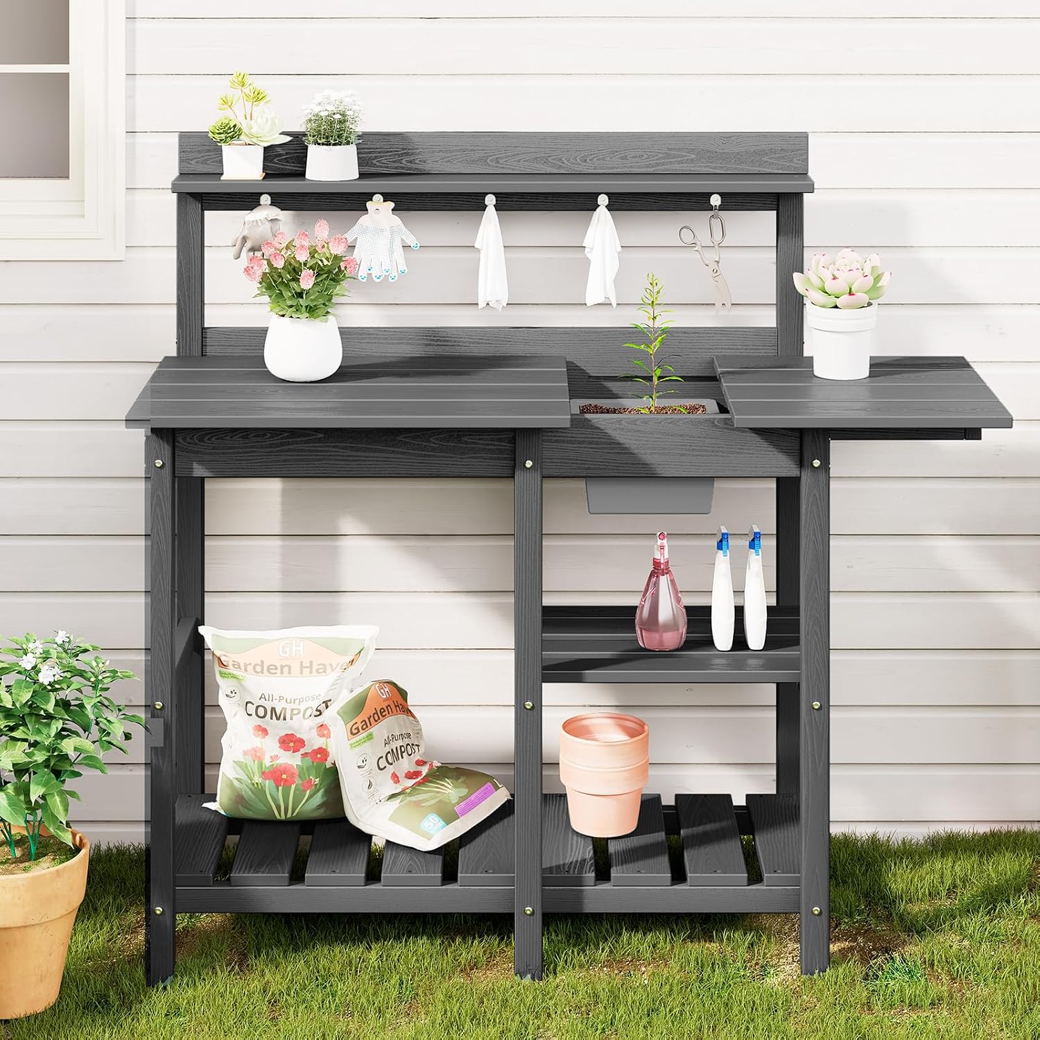 SERWALL Outdoor Potting Bench 2-Piece Set, Rot-Resistant HDPE Potting Table with Removable Sink for Outside Gardening, All-Weather Use - Gray