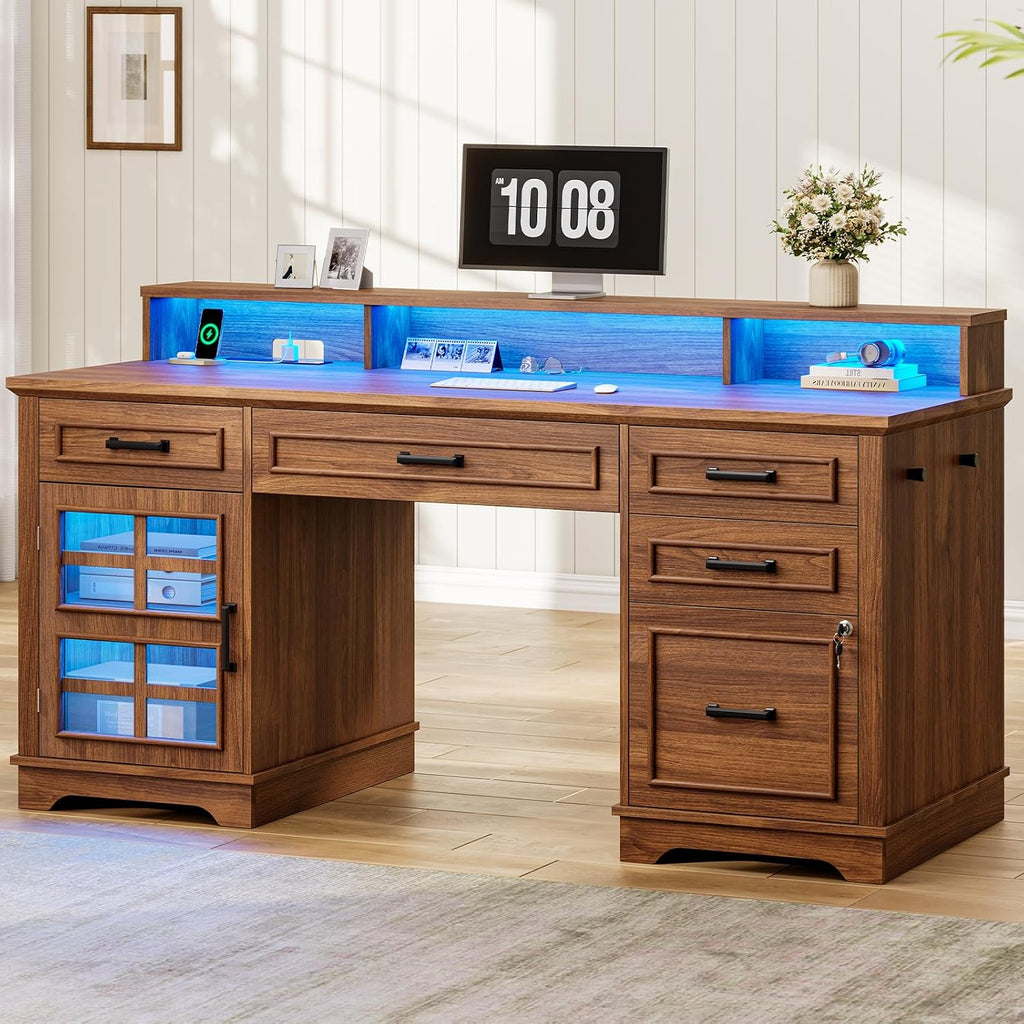 UPOSOJA 60'' Farmhouse Executive Desk with Drawers, Home Office Desk with Power Outlet & LED Light, Wood Computer Desk with Monitor Stand, Locking File Drawer, Glass Storage Cabinet, Hooks