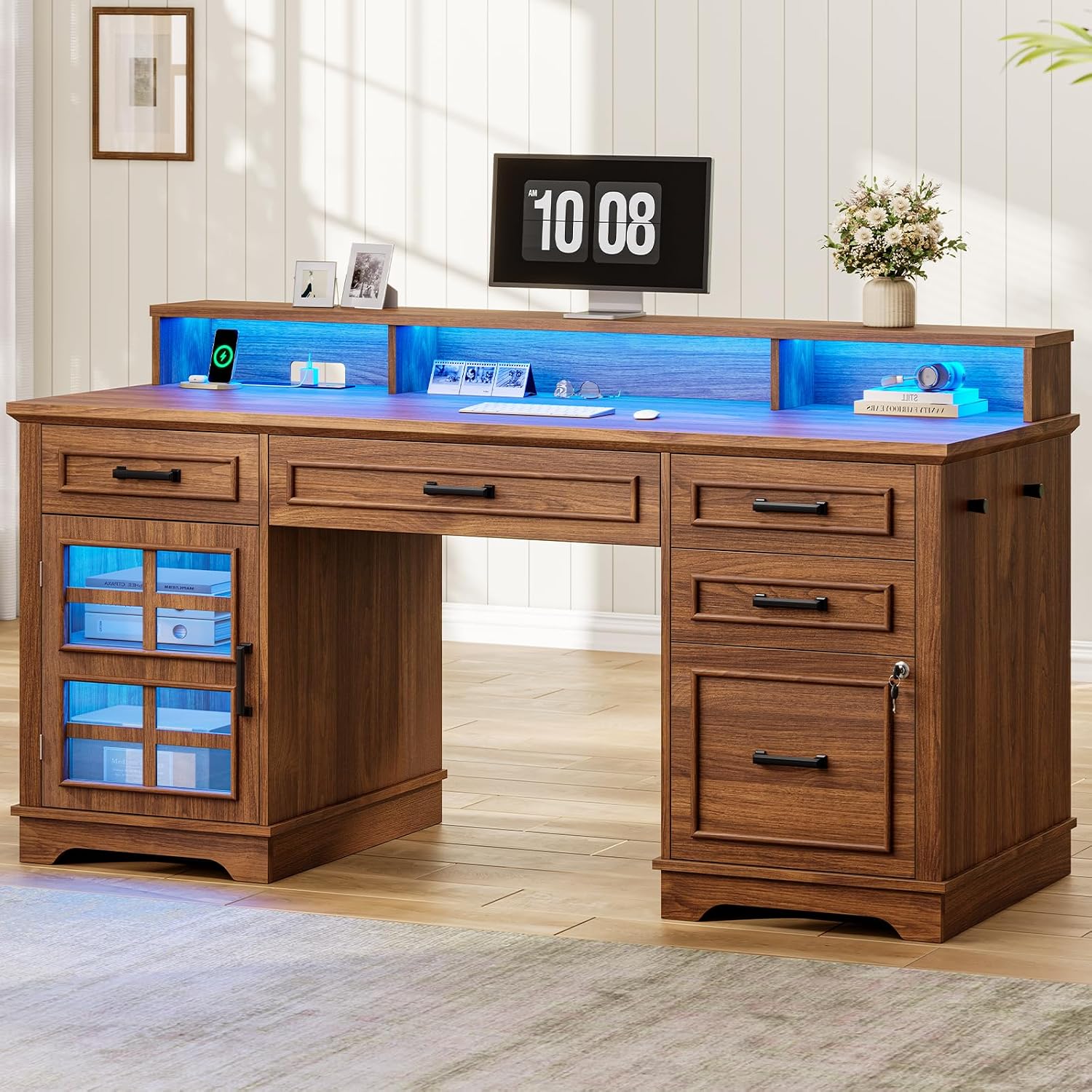 UPOSOJA 60'' Farmhouse Executive Desk with Drawers, Home Office Desk with Power Outlet & LED Light, Wood Computer Desk with Monitor Stand, Locking File Drawer, Glass Storage Cabinet, Hooks