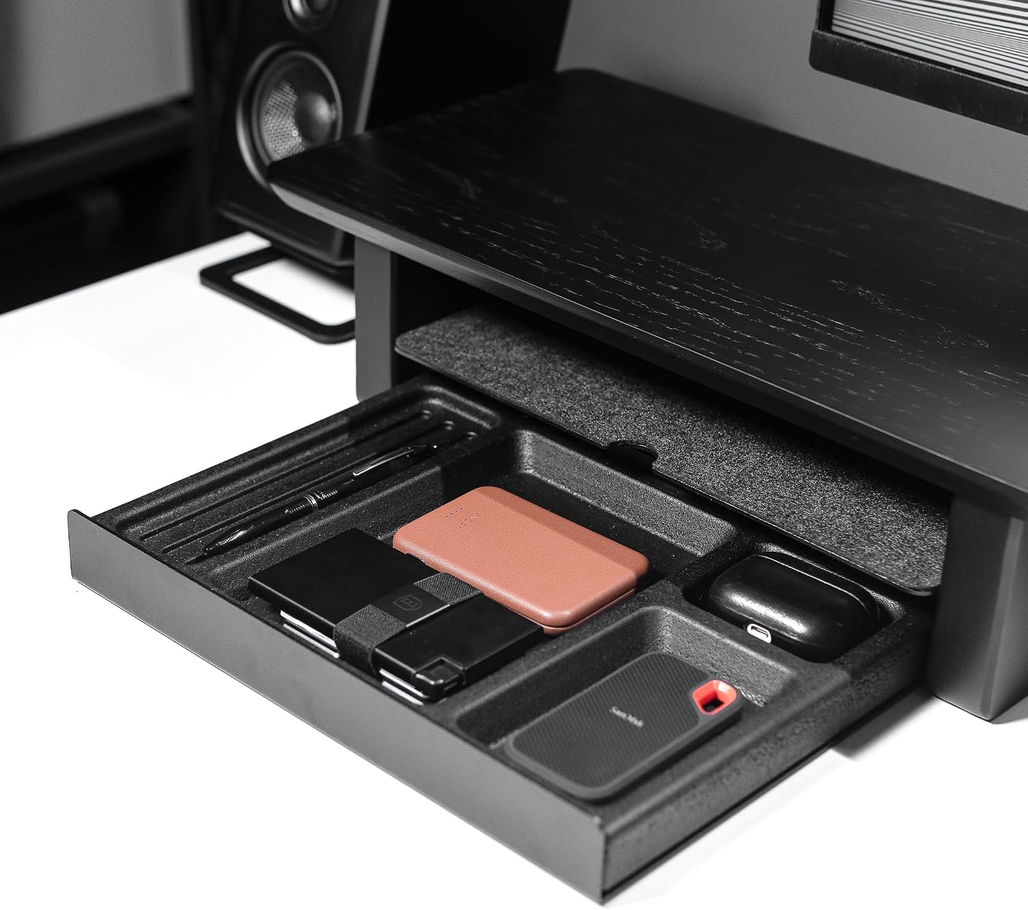 Raico Desk Shelf Tray Drawer Organizer with Compartments for Monitor Stand System Metal & Cork Accessory Tray for Cockpit Setup | Black