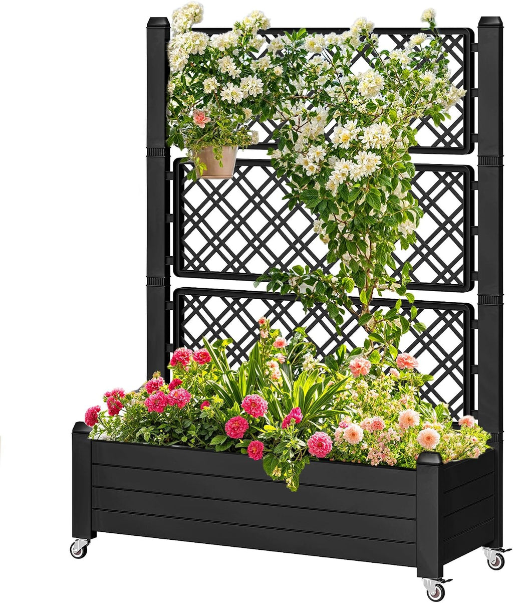 DWVO 3.6 x 1.5 x 5 FT Raised Garden Bed with Trellis, Large Outdoor Planter Trellis Box with Drainage Holes and Wheels for Climbing Plants, Black