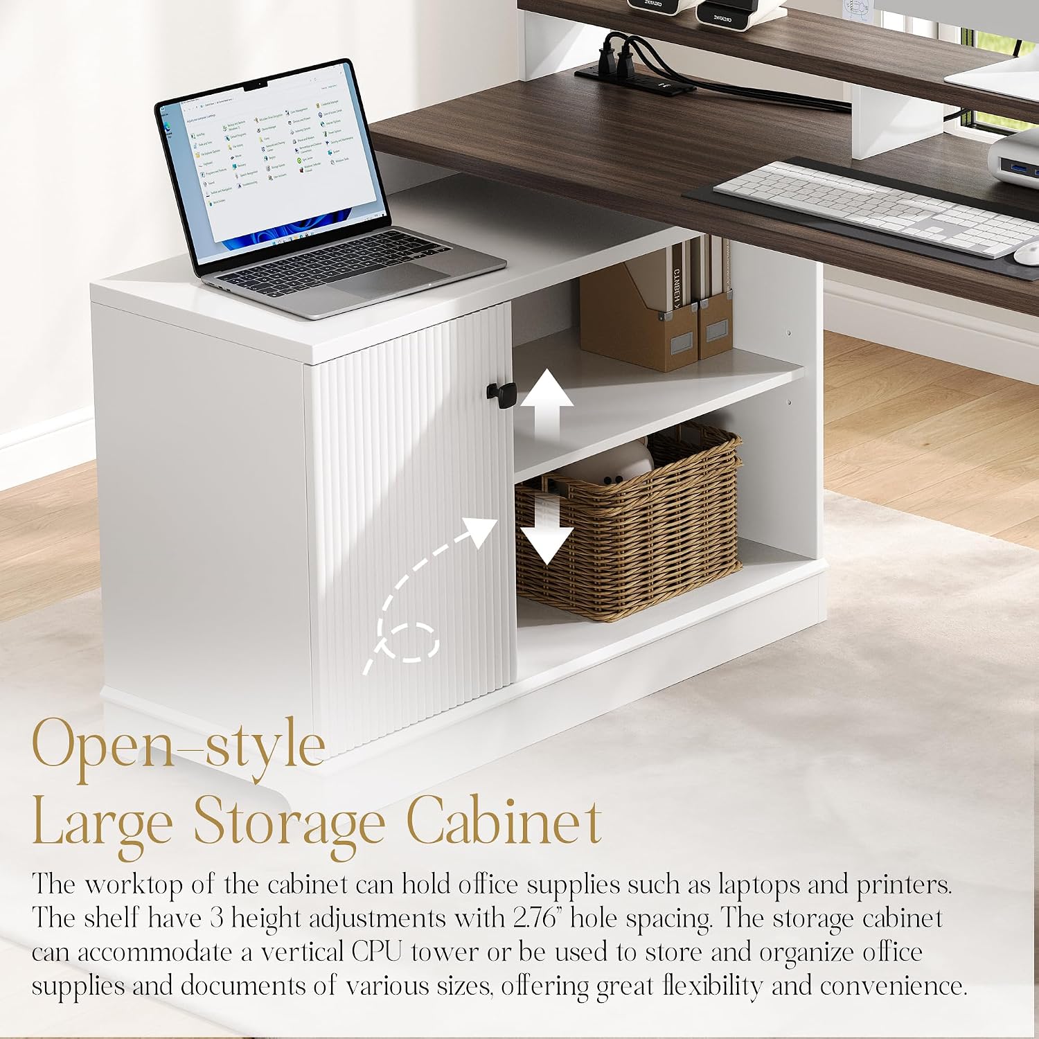 67' L Shaped Executive Desk with Drawers & Storage Shelf, Corner Computer Desk with Power Outlets, Home Office Desk with Monitor Stand, Printer Shelf, Computer Writing Desk for Work, Antique White
