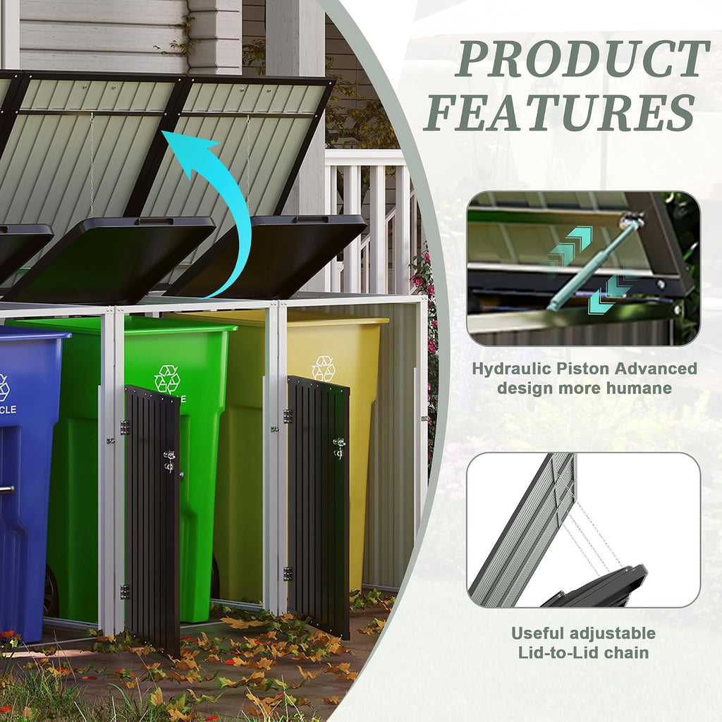 KEIKI 83 Cu.Ft Metal Outdoor Trash Can Storage Shed for 3 Bins, Garbage Bin Enclosure with Pneumatic Lid & Double Chain Design, Outdoor Storage for Garden, Patio & Lawn, Dark Gray