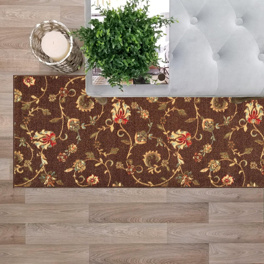 Kapaqua Custom Size Brown Floral Rubber Backed Non-Slip Hallway Stair Runner Rug Carpet 31 inch Wide Choose Your Length 31in X 40ft