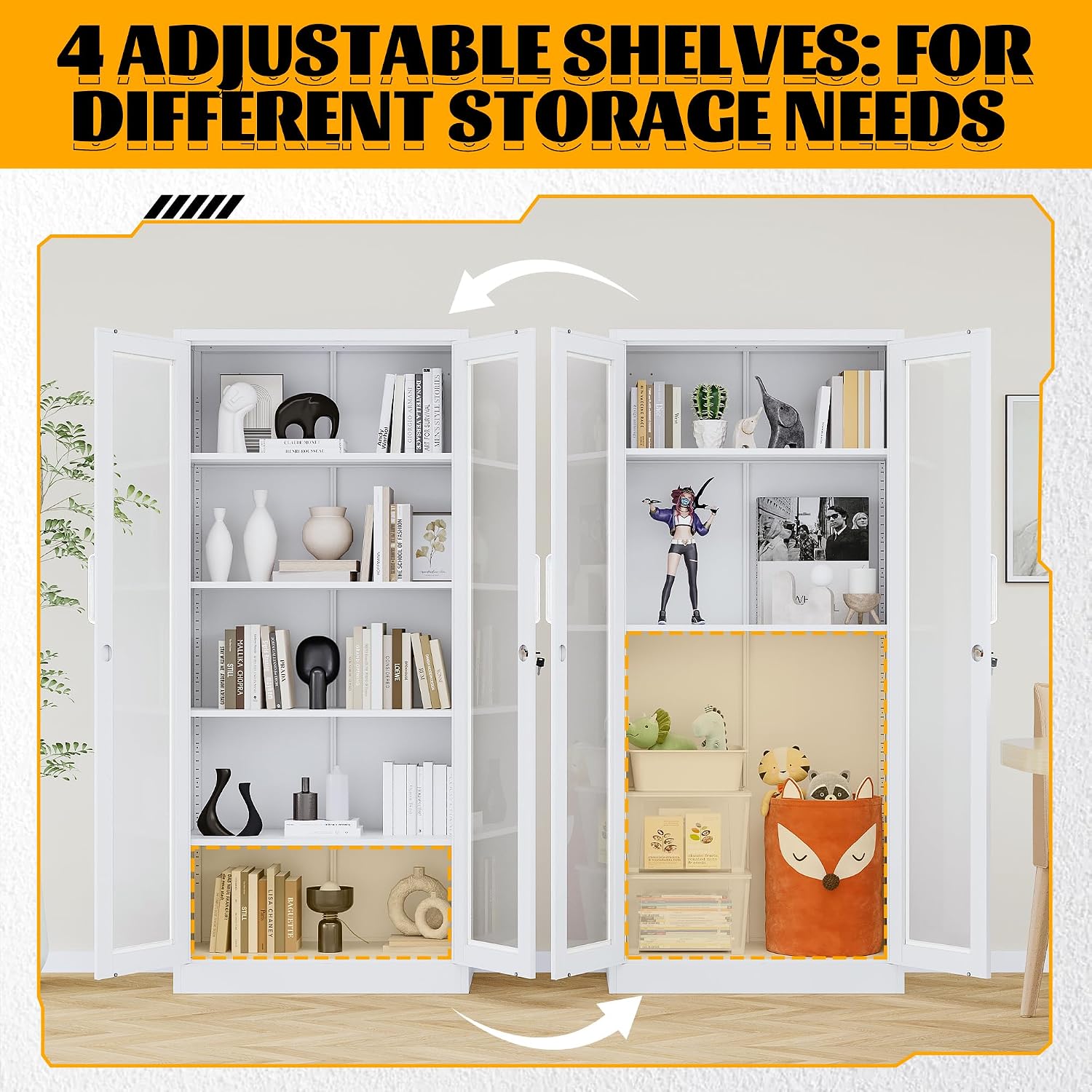 Metal Storage Cabinet with Lock and Glass Doors,71' Tall Glass Display Cabinet,White Storage Cabinets,Locking Curio Cabinets with 5 Shelves for Collectibles,Home,Office,Living Room