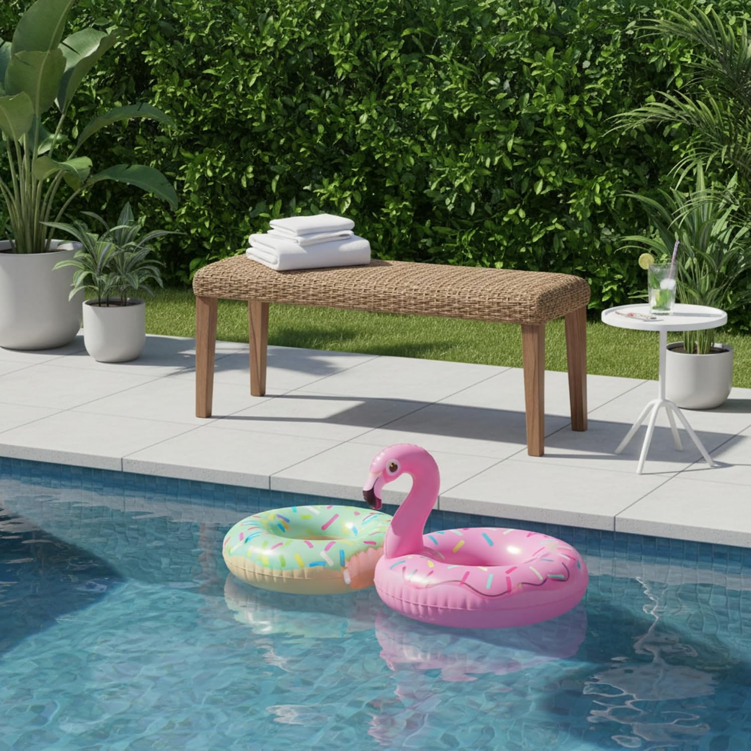 Outdoor Backless Bench, All-Weather Wicker & Solid Acacia Wood, Premium Garden Bench with Woven Rattan Seat and Thick Outdoor Cushion for Patio, Porch, Living Room or Entryway (Natural, PE Wicker).