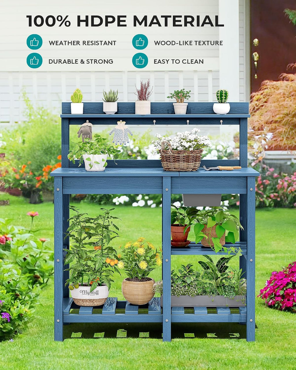 SERWALL Outdoor Potting Bench with Removeable Sink,Rot-Resistant HDPE Potting Table for Outside Gardening, All Weather Use - Blue