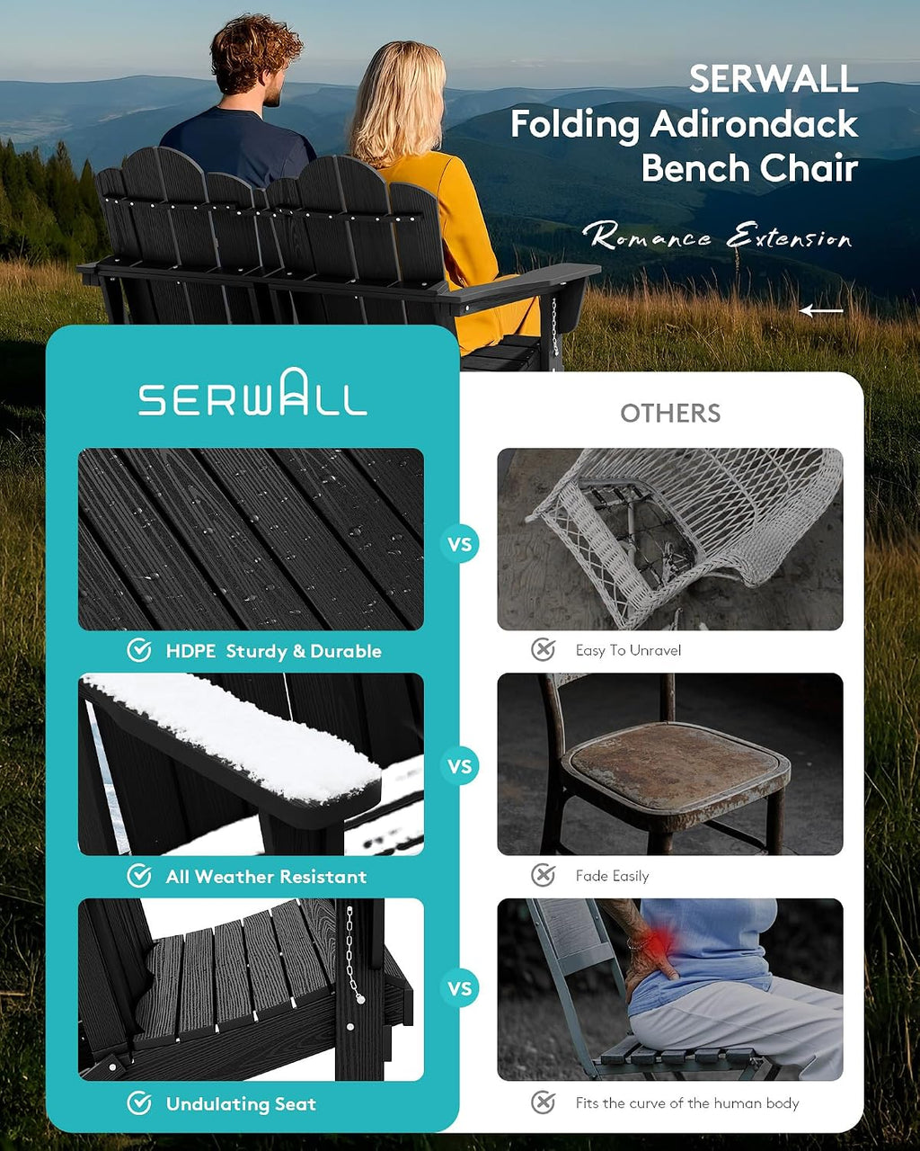 SERWALL 4 Pieces HDPE Patio Adirondack Chair Set, 2 Adirondack Chair with Cup Holder & 1 Adirondack Bench & 1 Coffee Table with Umbrella Hole, Black