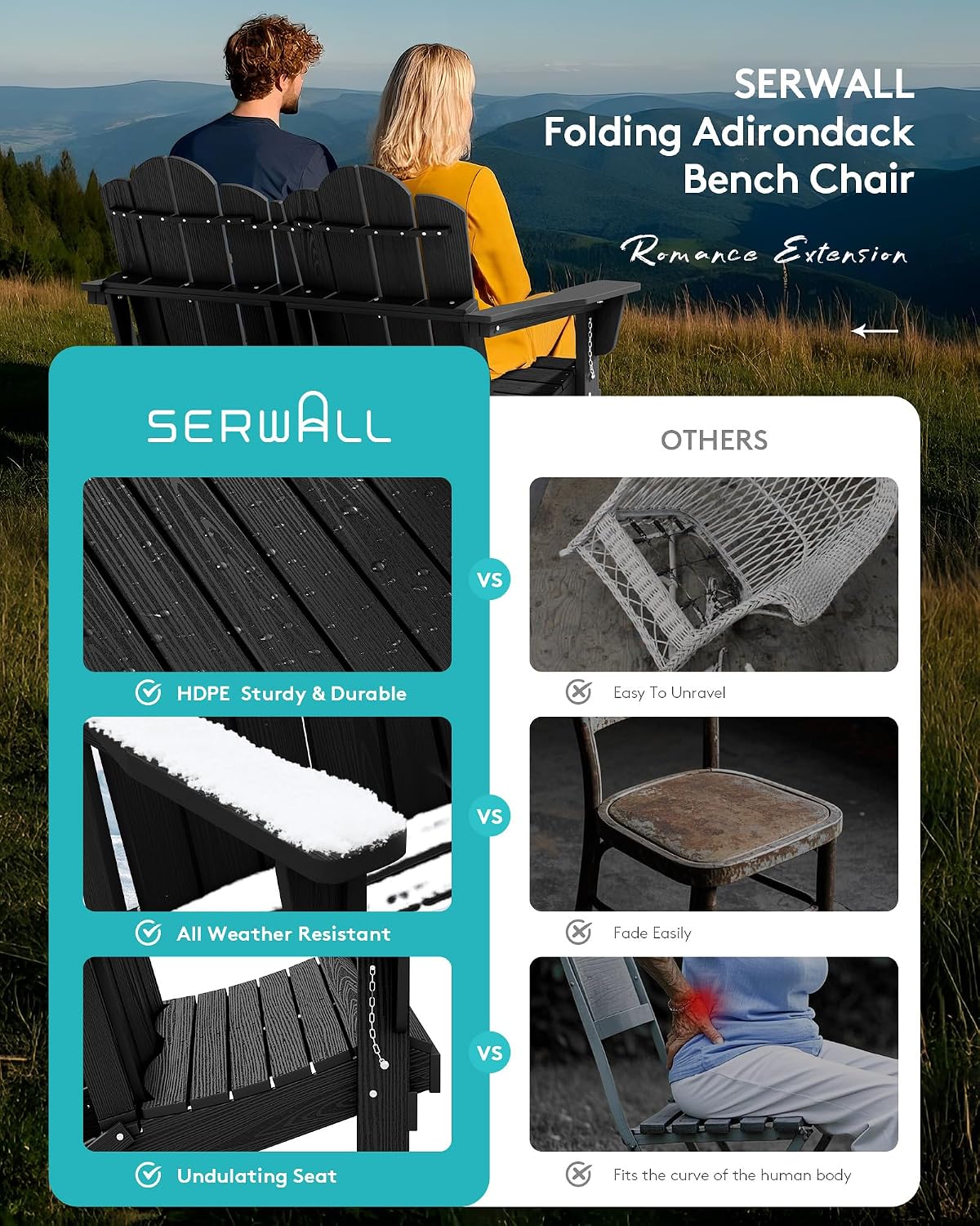 SERWALL 4 Pieces HDPE Patio Adirondack Chair Set, 2 Adirondack Chair with Cup Holder & 1 Adirondack Bench & 1 Coffee Table with Umbrella Hole, Black