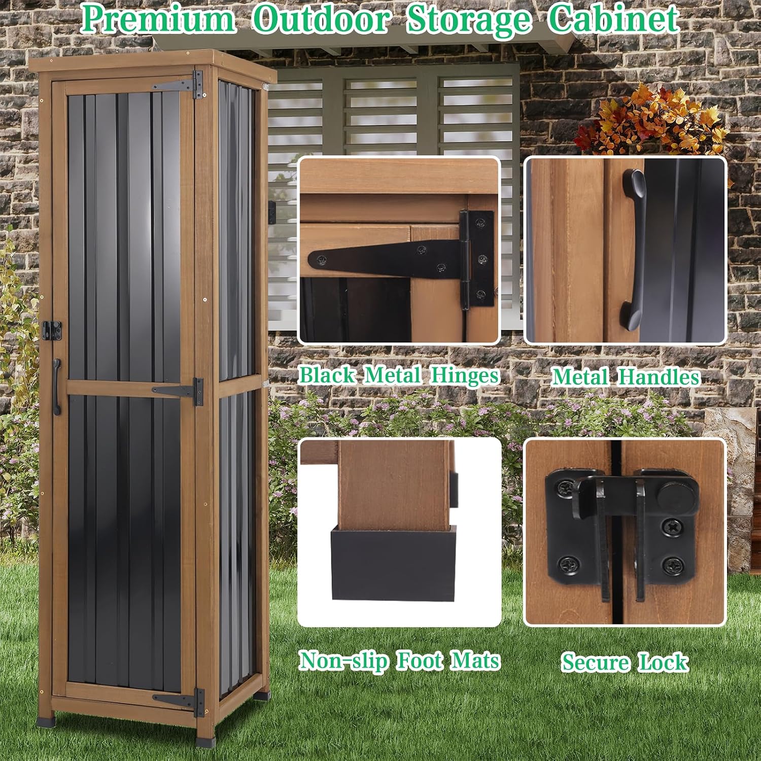 Outdoor Storage Cabinet Weatherproof, Tall Wood Garden Potting Bench Table with Removable Shelves, Metal Top, Outdoor Patio Cabinet Work Station for Tool Accessories,17.8''x17.8''x62''