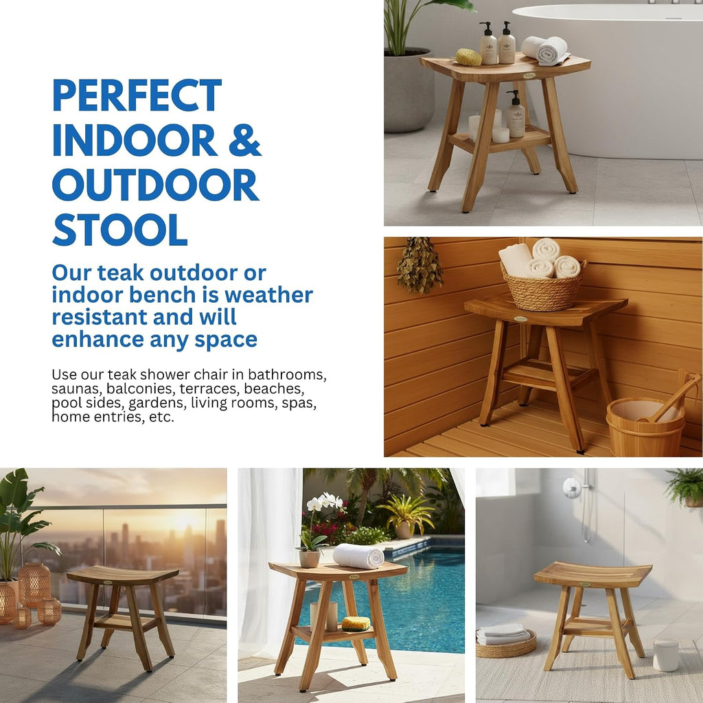 EcoDecors Fully Assembled, Satori 18' Teak Shower Bench, Wooden Shower Bench, Shower Stool, Compact Fit for Small Bathrooms & Walk-in Showers – Slip-Resistant Feet, Sauna Bench, Shower Stool Wood