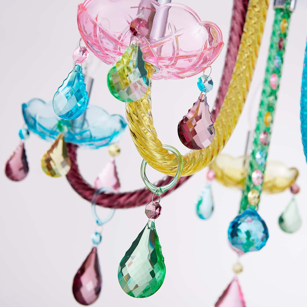 5-Light Children Candle Chandeliers, Modern Candy Design Flushmount Light Fixture for Bedroom, Dining Room, Kitchen, Bathroom, D22×H16 inch, Clear Rainbow Color Finish & K9 Crystal