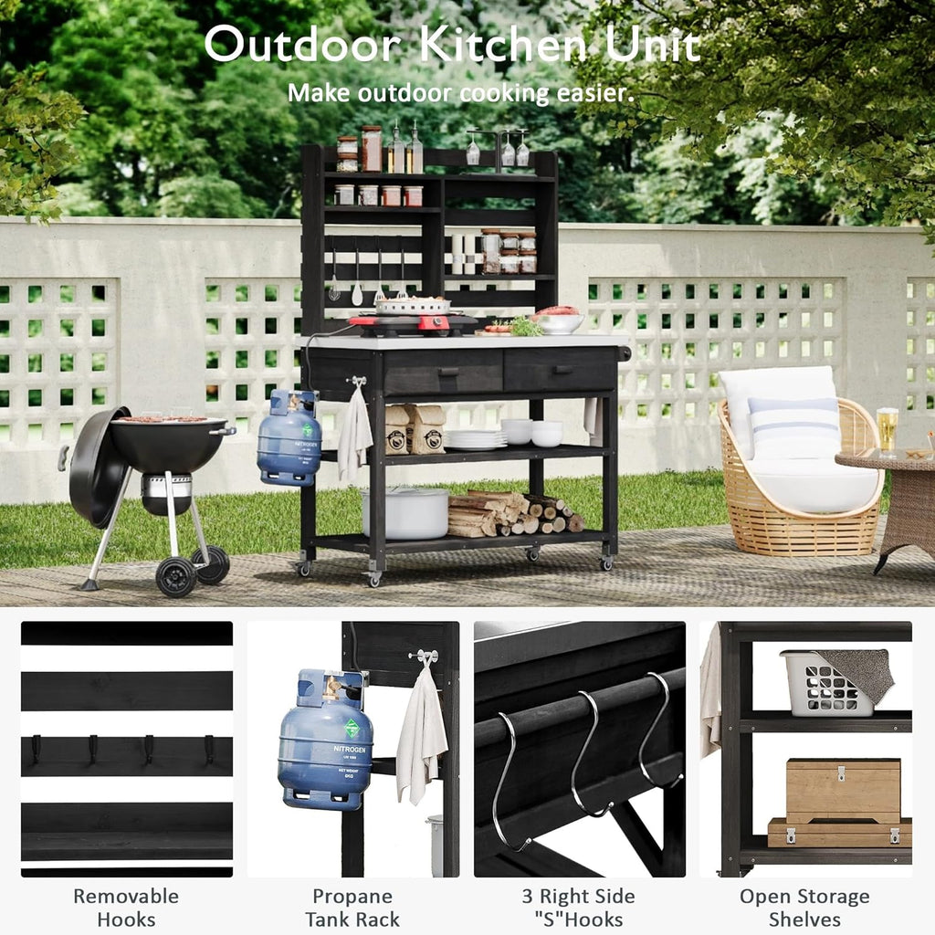 64.9' H Outdoor Potting Bench Table with Lockable Wheels, Solid Wood Outdoor Kitchen Island with Upper Hutch, Stainless Steel Top, Towel Rack,Outdoor Storage for Grilling, Lawn Garden, Brown