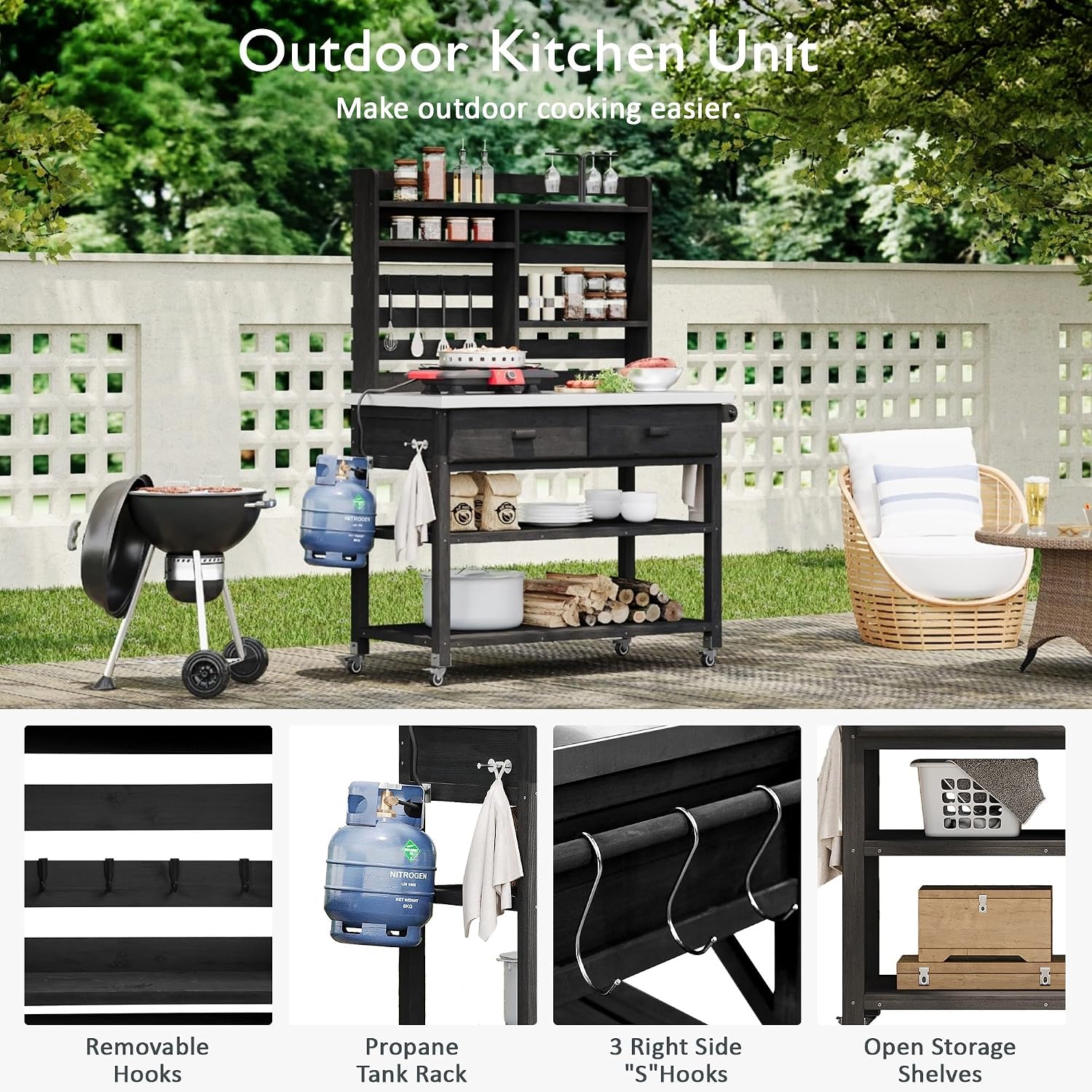 64.9' H Outdoor Potting Bench Table with Lockable Wheels,Solid Wood Outdoor Kitchen Island with Upper Hutch,Stainless Steel Top,Towel Rack,Outdoor Storage for Grilling,Lawn Garden,Grey Blue
