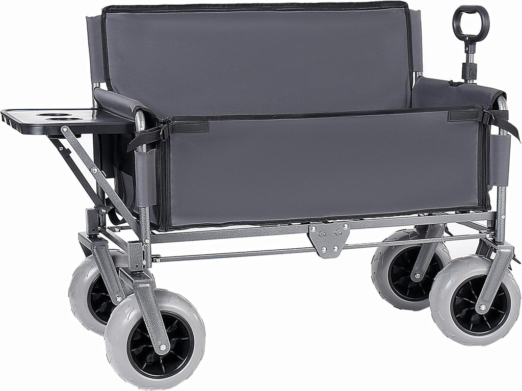 3-in-1 Folding Wagon with Bench Seat – 500lbs Capacity,Reinforced Carbon Steel Frame, 180L Cargo Space– Perfect for Camping, Beach, Outdoor Events & Heavy-Duty Hauling (Gray + Cup Holder)