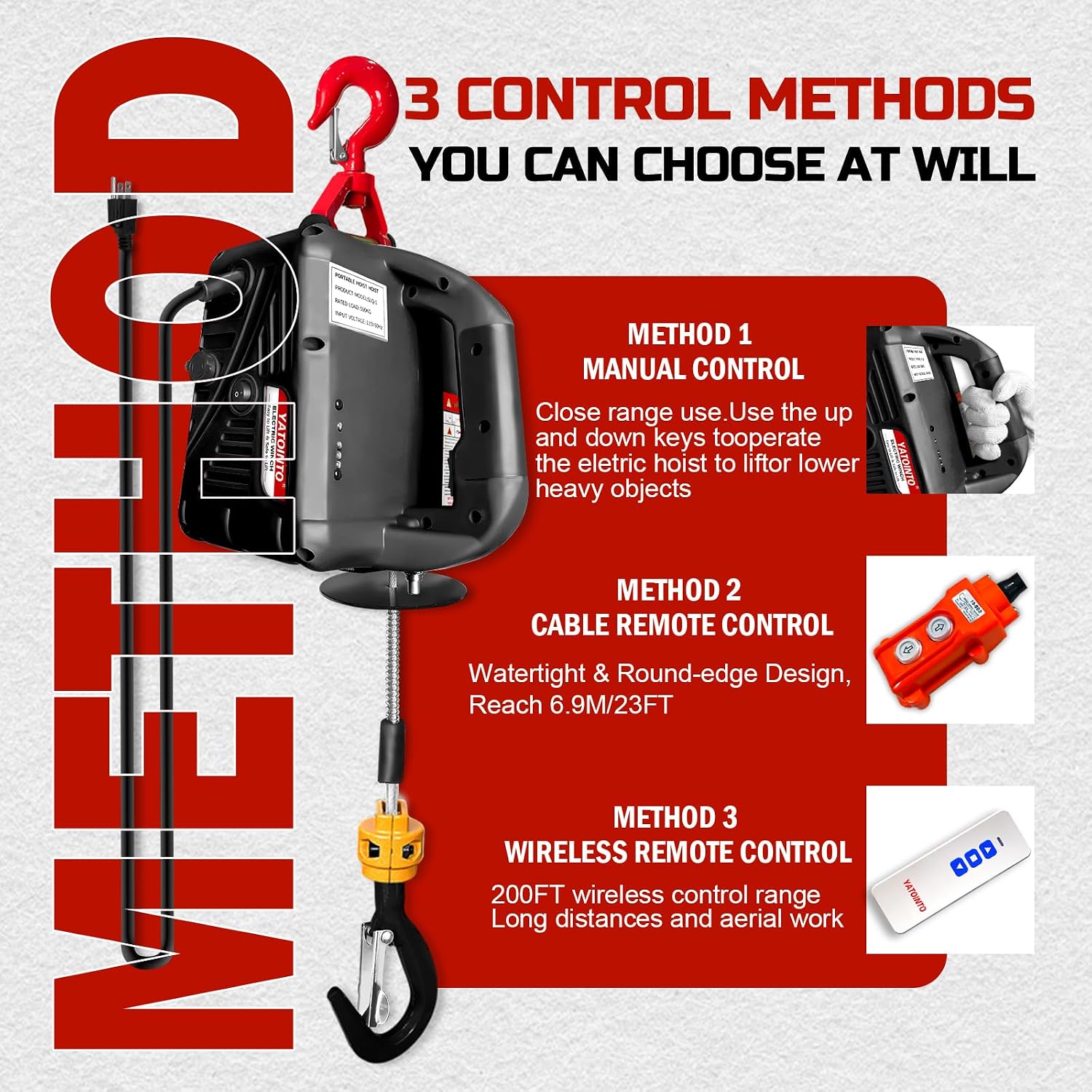 1500 Lbs Electric Hoist Winch,3 in 1 Portable Electric Winch,Manual,Wired and Wireless Remote Control,Electric Hoist 110 Volt with 25ft Lifting Height for Factories, Warehouses, Garages