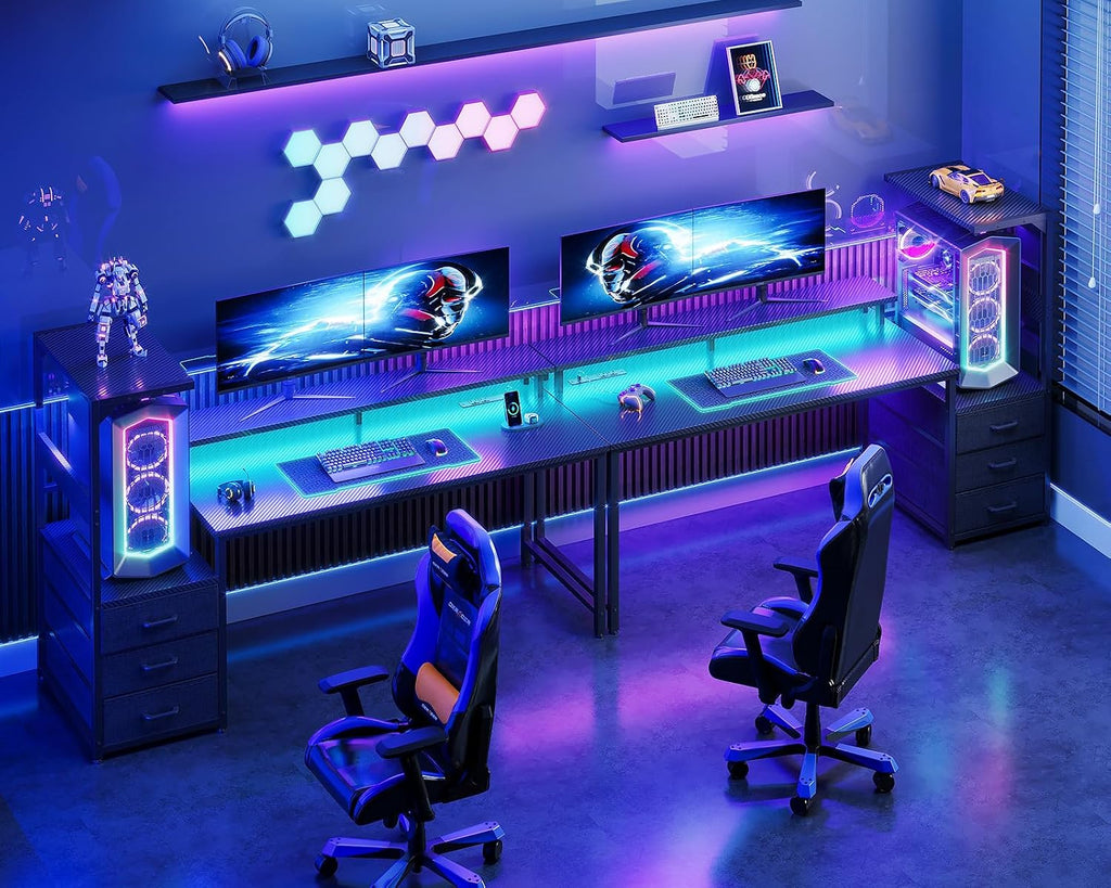 Casaottima 59 Inch Gaming Desk with USB Charging Ports & LED Light - Reversible Computer Desk with 3 Fabric Drawers, Monitor Stand, CPU Stand, Modern Office Desk, Black