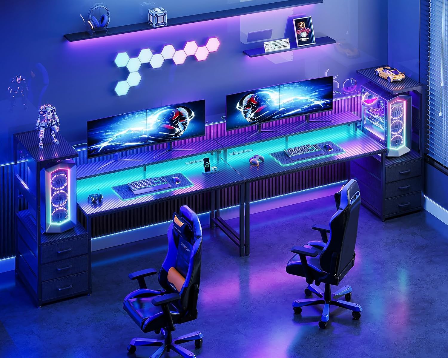 Casaottima 59 Inch Gaming Desk with USB Charging Ports & LED Light - Reversible Computer Desk with 3 Fabric Drawers, Monitor Stand, CPU Stand, Modern Office Desk, Black