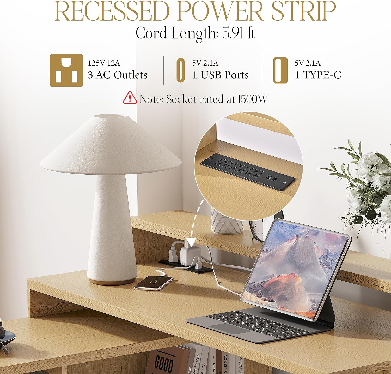67' L Shaped Executive Desk with Drawers & Storage Shelf, Corner Computer Desk with Power Outlets, Home Office Desk with Monitor Stand, Printer Shelf, Computer Writing Desk for Work, Oak