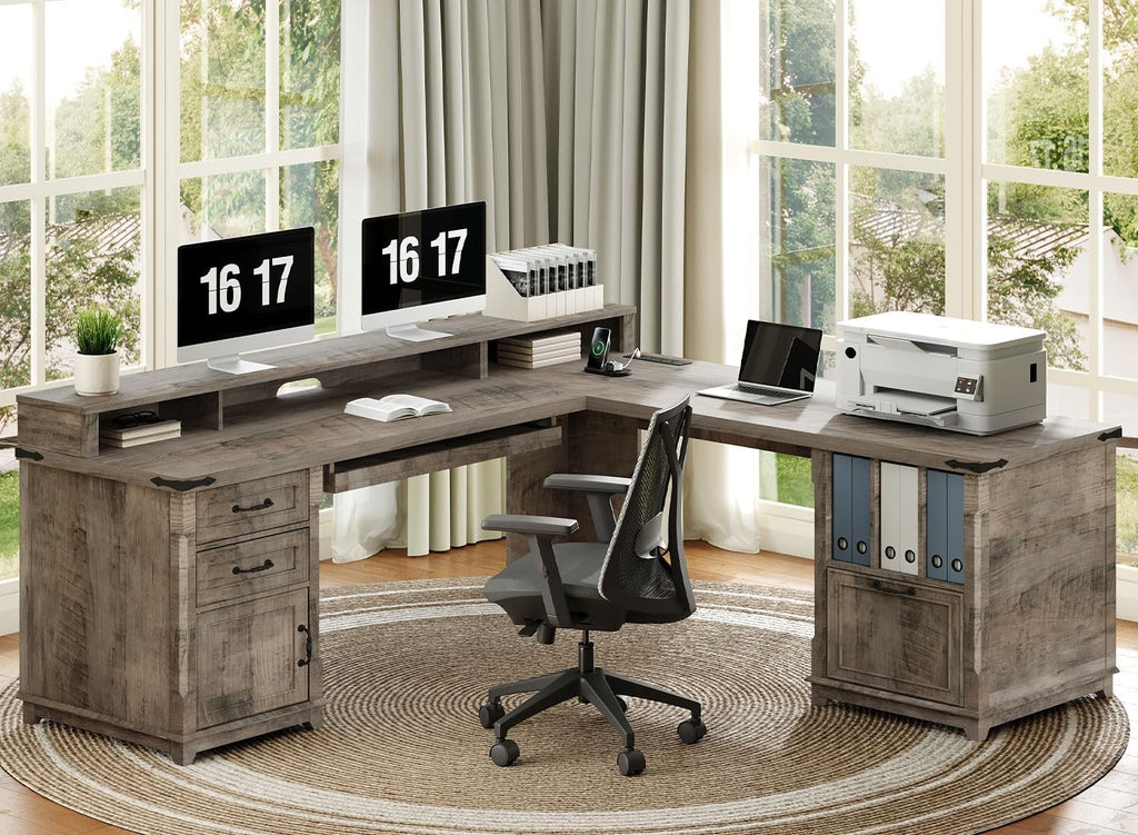 RALGEND Farmhouse 69' Executive L Shaped Desk with Drawer, Home Office Desk with Charging Station, Corner Computer Desk with Monitor Stand, File Drawer, Storage Cabinet, Greige
